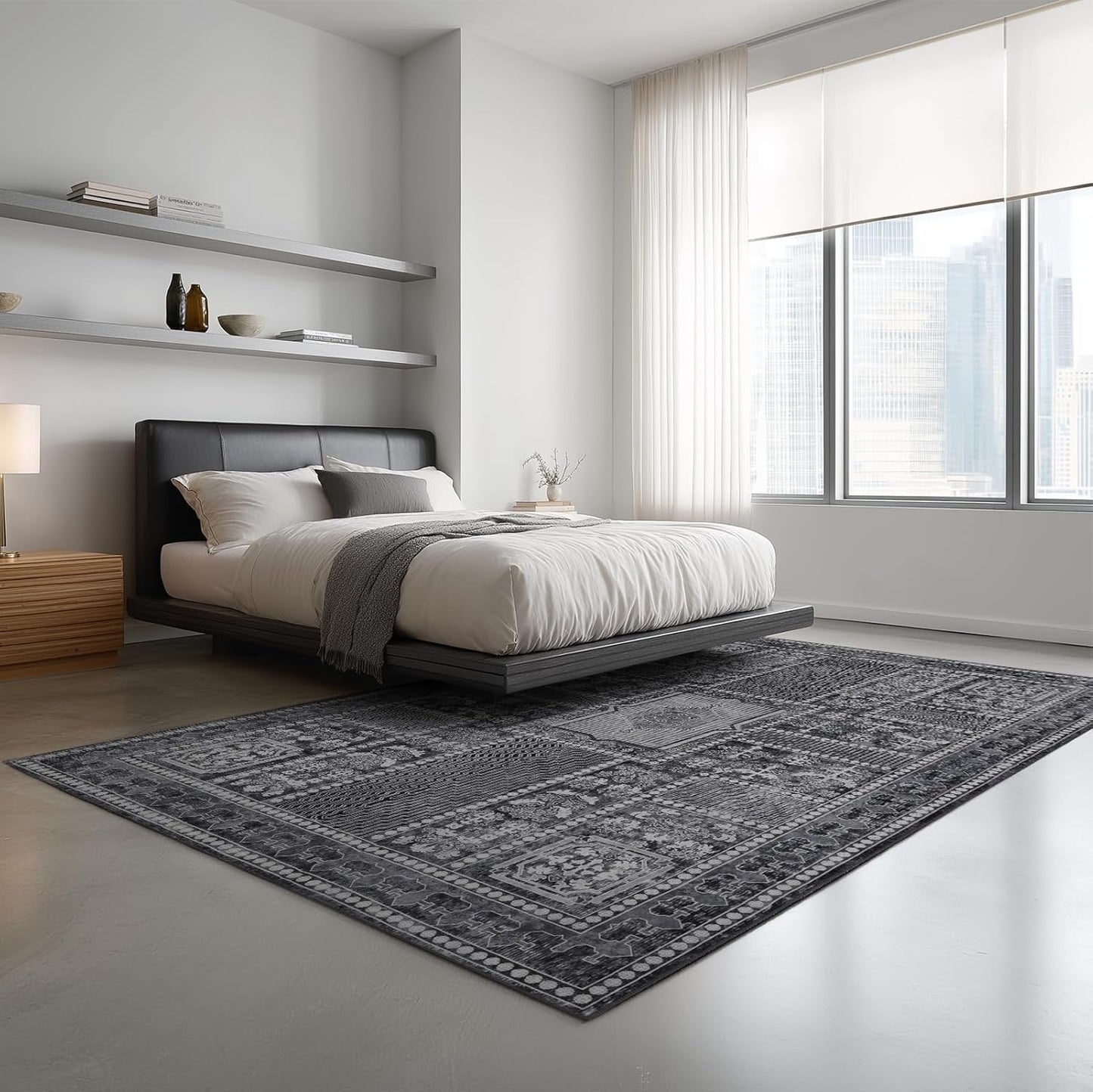 4x6 Washable Area Rug for Living Room, Carpet for Bedroom, Soft Faux Wool Retro Dining Room Rug, Non Slip&Non-Shedding Resistant Low Pile Vintage Print Rug for Home Office (Grey)