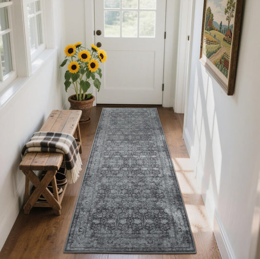 2'6"x8' Washable Runner Rug for Hallway, Non Slip Vintage Floral Long Carpet Runners for Entryway, Kitchen, Bathroom, Bedroom, Low Pile Laundry Rugs with Rubber Backing (Distressed Grey)
