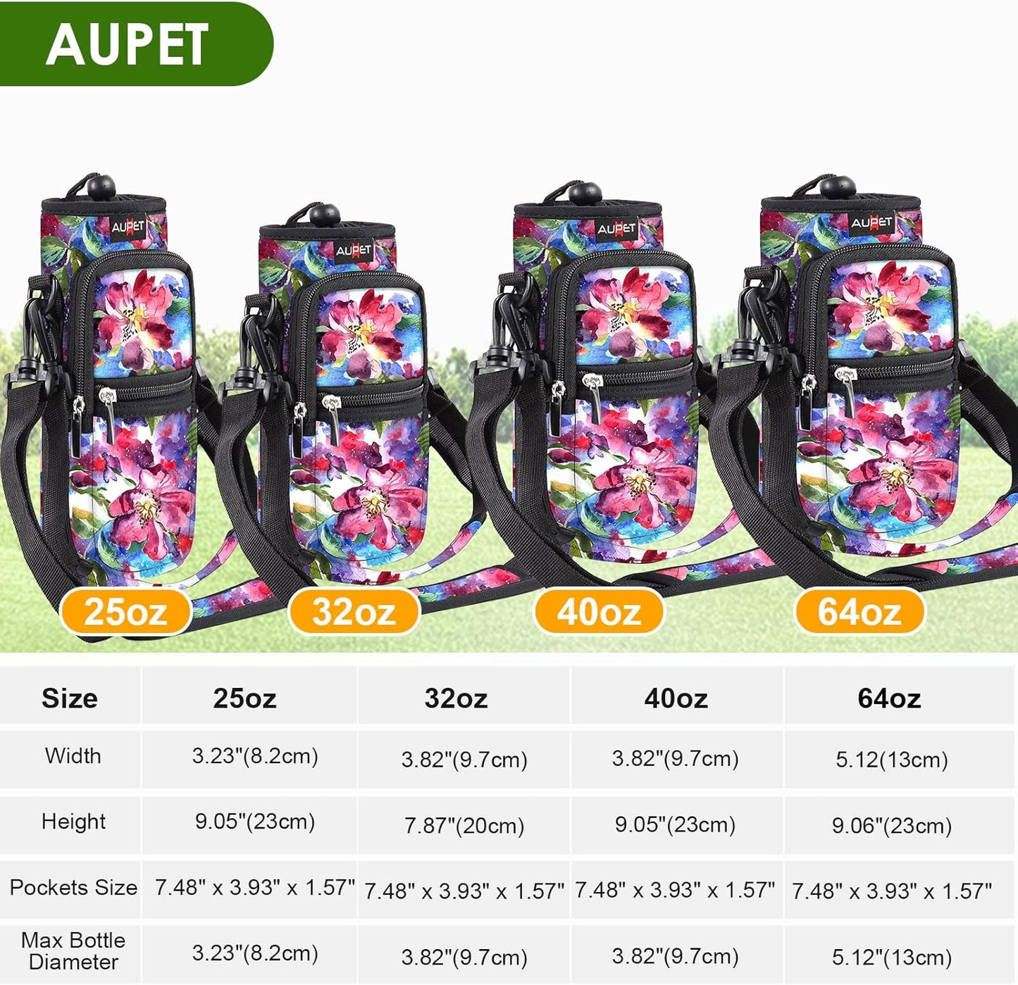 AUPET Water Bottle Sling Bag Sleeve Holder Carrier 25/32/40/64 oz,Insulated Crossbody Water Bottle Case Cover with Strap and Pockets for Men/Women Walking Hiking