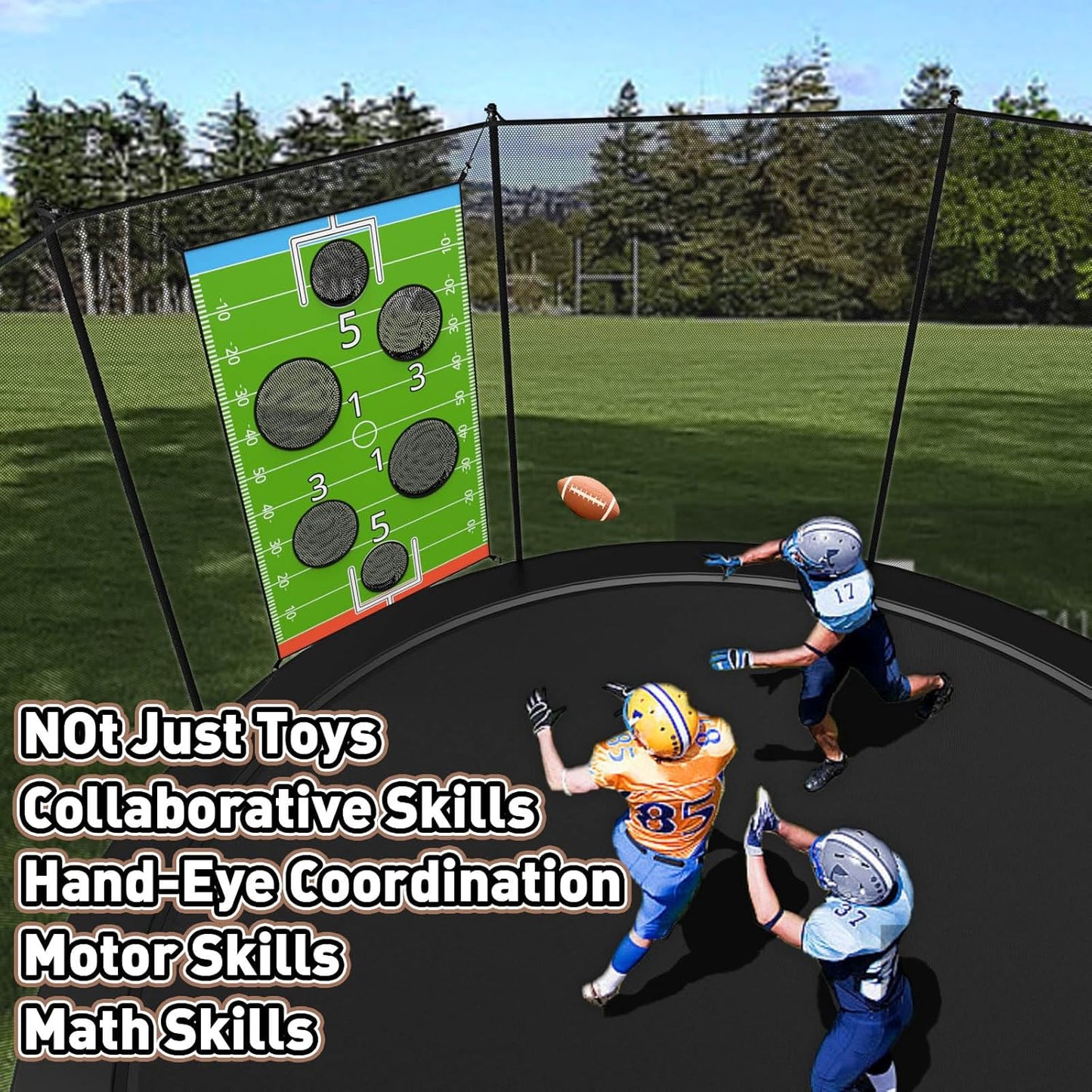 jumpfly Trampoline Football Game Accessories, Toss Throwing Target Net Fits 8 FT/10 FT/12 FT/14 FT Recreational Trampolines with Two Footballs - Trampoline Indoor Outdoor Party Games for Kids