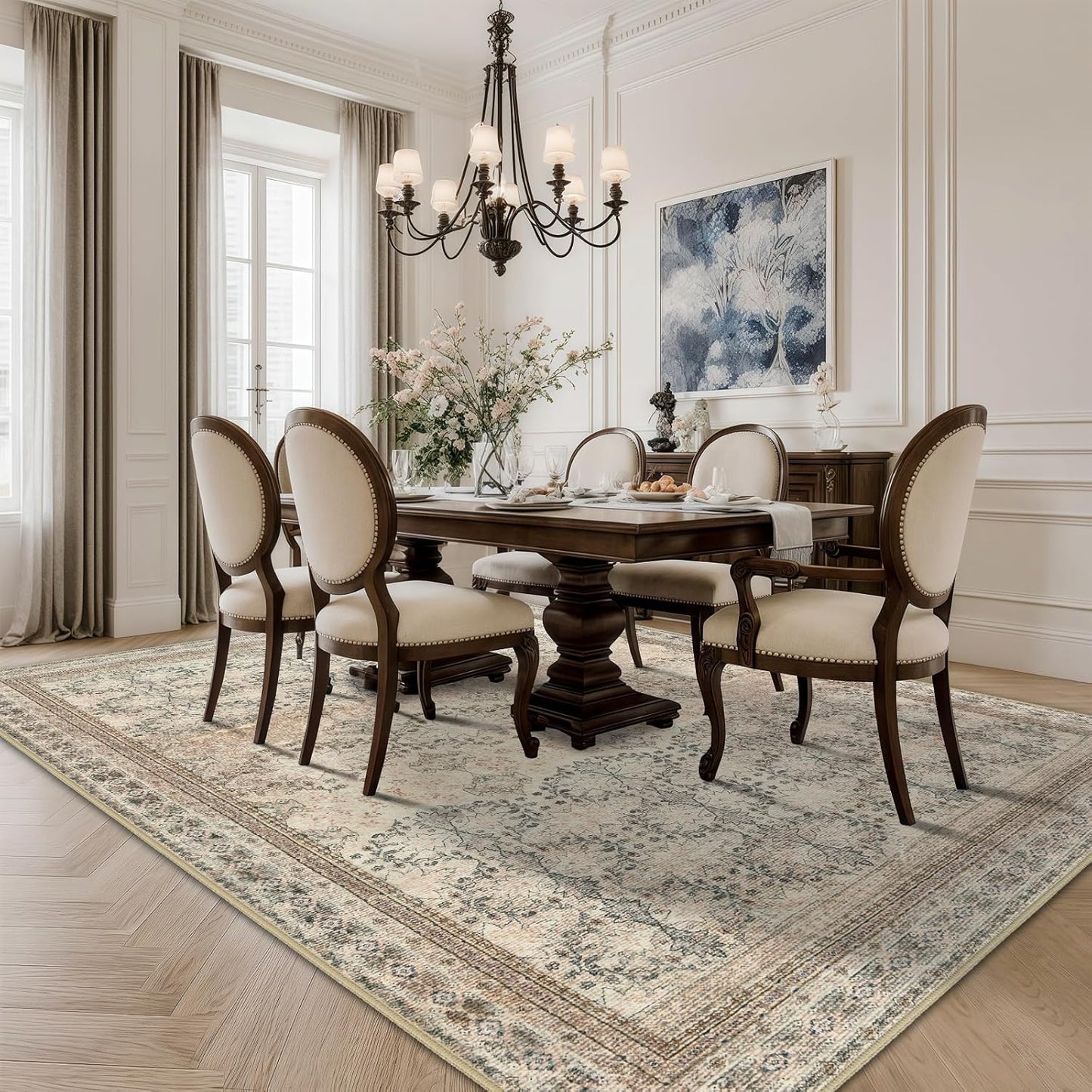 6x9 Washable Area Rug Non Slip, Thin Vintage Floral Living Room Rug Low Pile, Indoor Large Distressed Print Carpet for Bedroom, Dining Room, Farmhouse, Home Office, College Dorm Beige/Pink/Orange