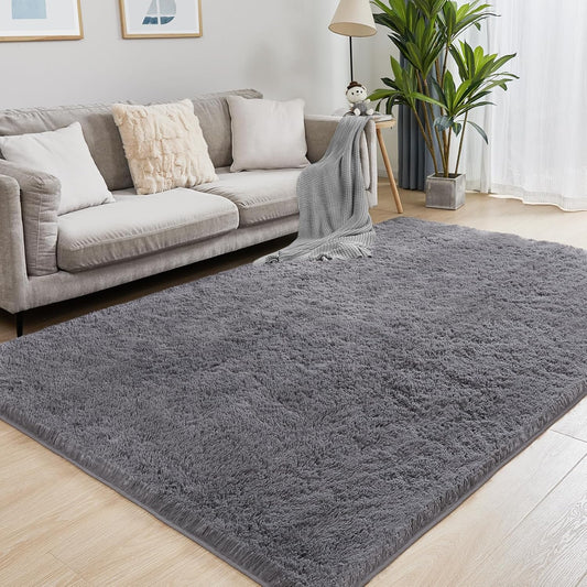 8x10 Grey Fluffy Rug, Ultra Soft Area Rugs for Living Room, Plush Indoor Carpet, Anti-Skid High Pile Luxury Rugs for Bedroom, Nursery, Kids Room, Playroom, Home Decor