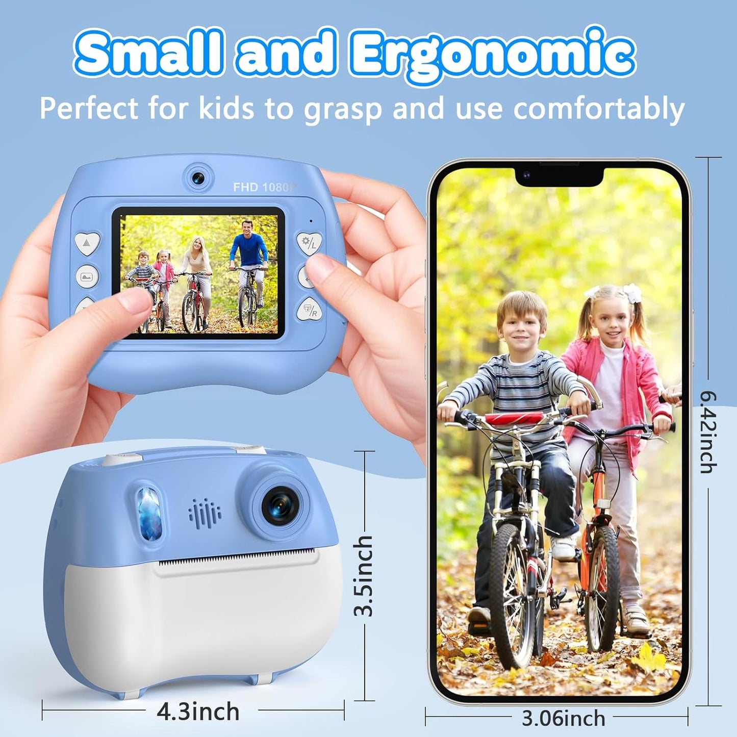 Instant Print Camera for Kids - Front Rear Dual Selfie Kid Print Camera, Fun Birthday Gift for Boys Ages 3-12, HD Digital Video Cameras, Easy to Use for Toddler - Blue