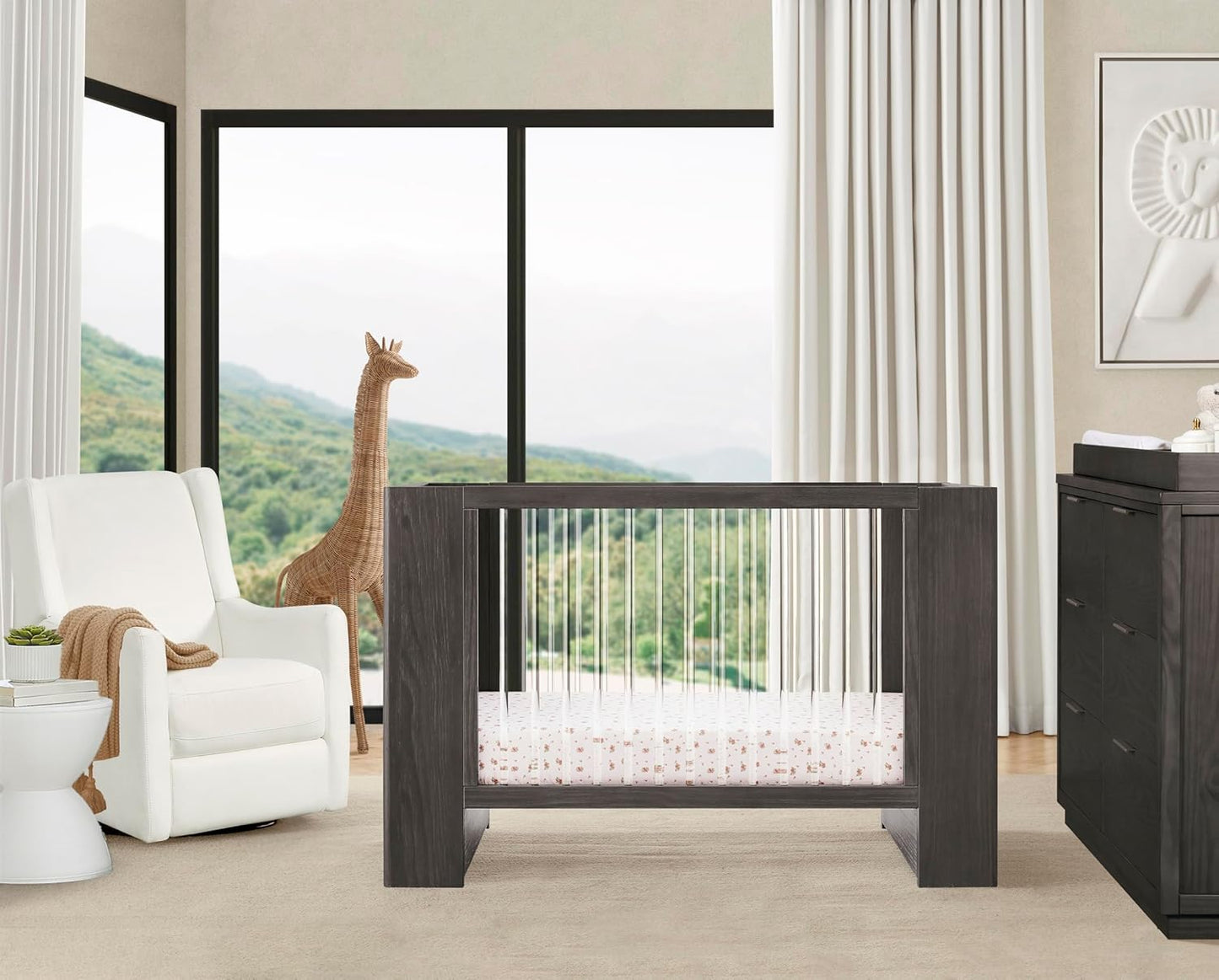 Delta Children Aerin Crib 6-Piece Baby Nursery Furniture Set–Includes: Convertible Crib, 6 Drawer Dresser, Changing Top, Crib Mattress, Sheets & Changing Pad, Rustic Grey