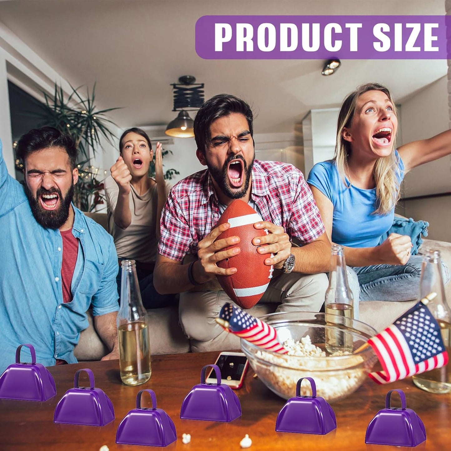6 Pcs 3 Inch Metal Cowbells Noise Maker Hand Percussion Cow Bells with Handles for Sporting Events Cheering Noisemakers Weddings Team Spirit Sports Party Favors (Purple)