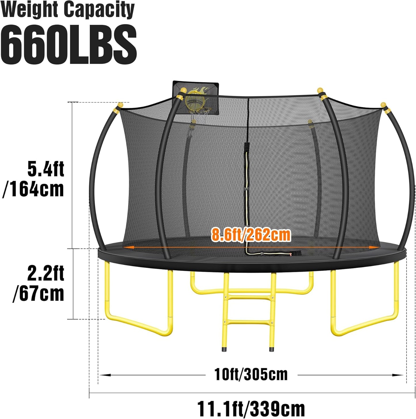 10FT 12FT 14FT 16FT Pumpkin Trampoline for Kids Adults, ASTM Approved Outdoor Recreational Trampoline with Basketball Hoop, Enclosure Net, Yellow