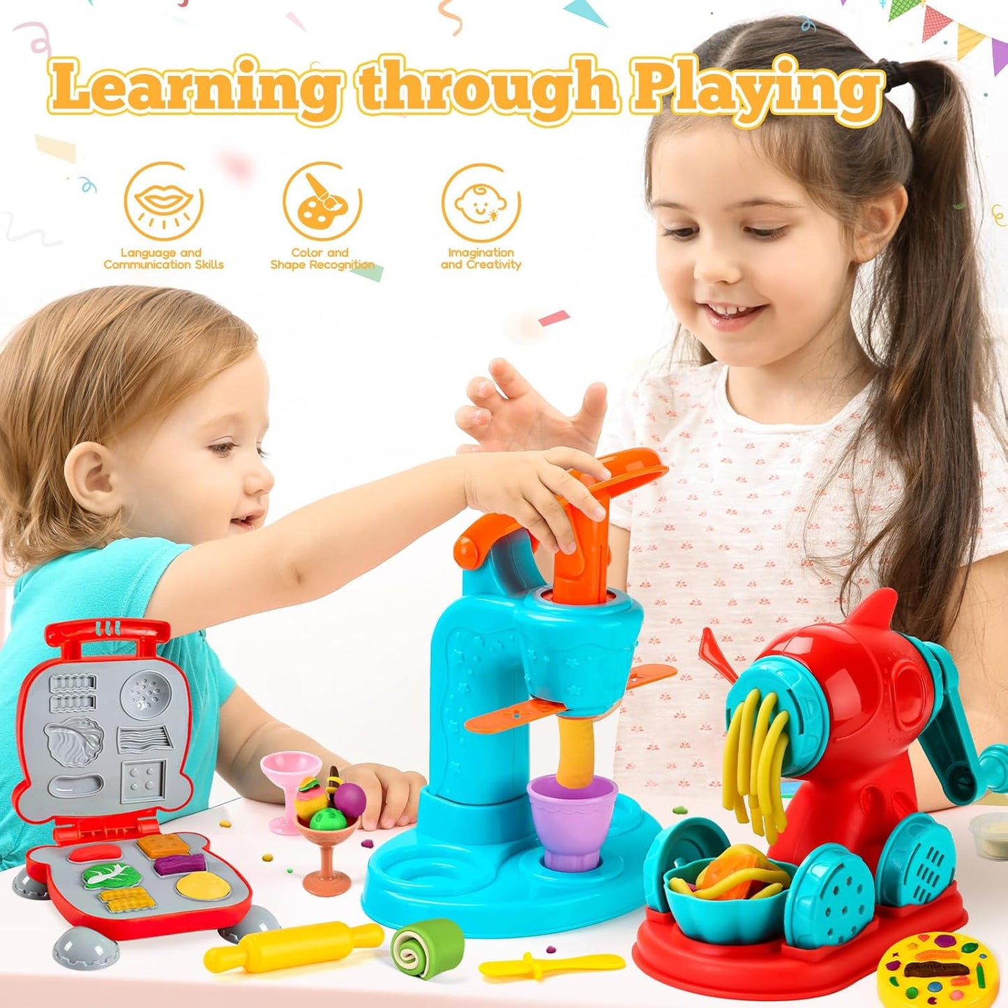 59 PCS 3 in 1 Dough Sets for Kids Ages 2-4-8, Art Crafts Dough Tools Kit, Ice Cream Playset Noodle Hamburger Maker Machine, Kitchen Creations Food Play Toys Toddlers Boys Girls