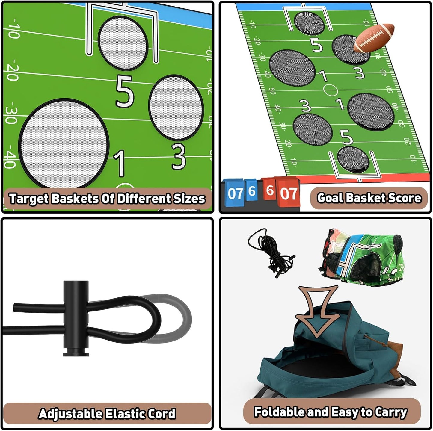 jumpfly Trampoline Football Game Accessories, Toss Throwing Target Net Fits 8 FT/10 FT/12 FT/14 FT Recreational Trampolines with Two Footballs - Trampoline Indoor Outdoor Party Games for Kids