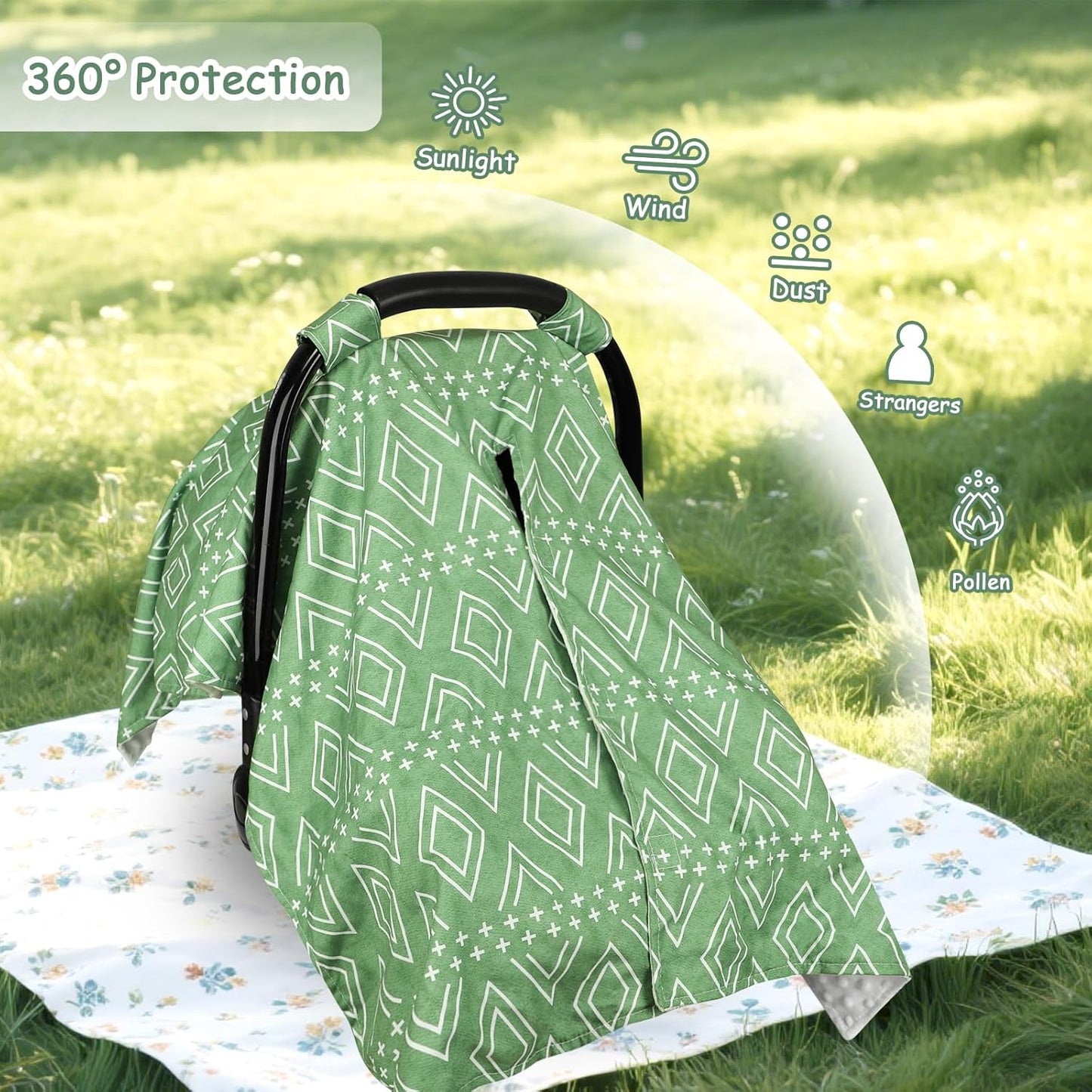 TANOFAR Baby Carseat Canopy, Peekaboo Opening Car Seat Canopy for Babies, Soft and Breathable Infant Carrier Canopy, Multi-use Baby Carrier, Stroller, Nursing Cover, Minky Blanket, Green