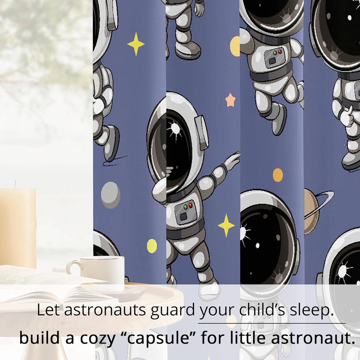 Kids Astronaut Blackout Curtains - 100% Blackout, Thermal Insulated, Noise Reducing, Perfect for Kids Room and Nursery, 2 Panels (Spacewalk Buddies, W52×L84)