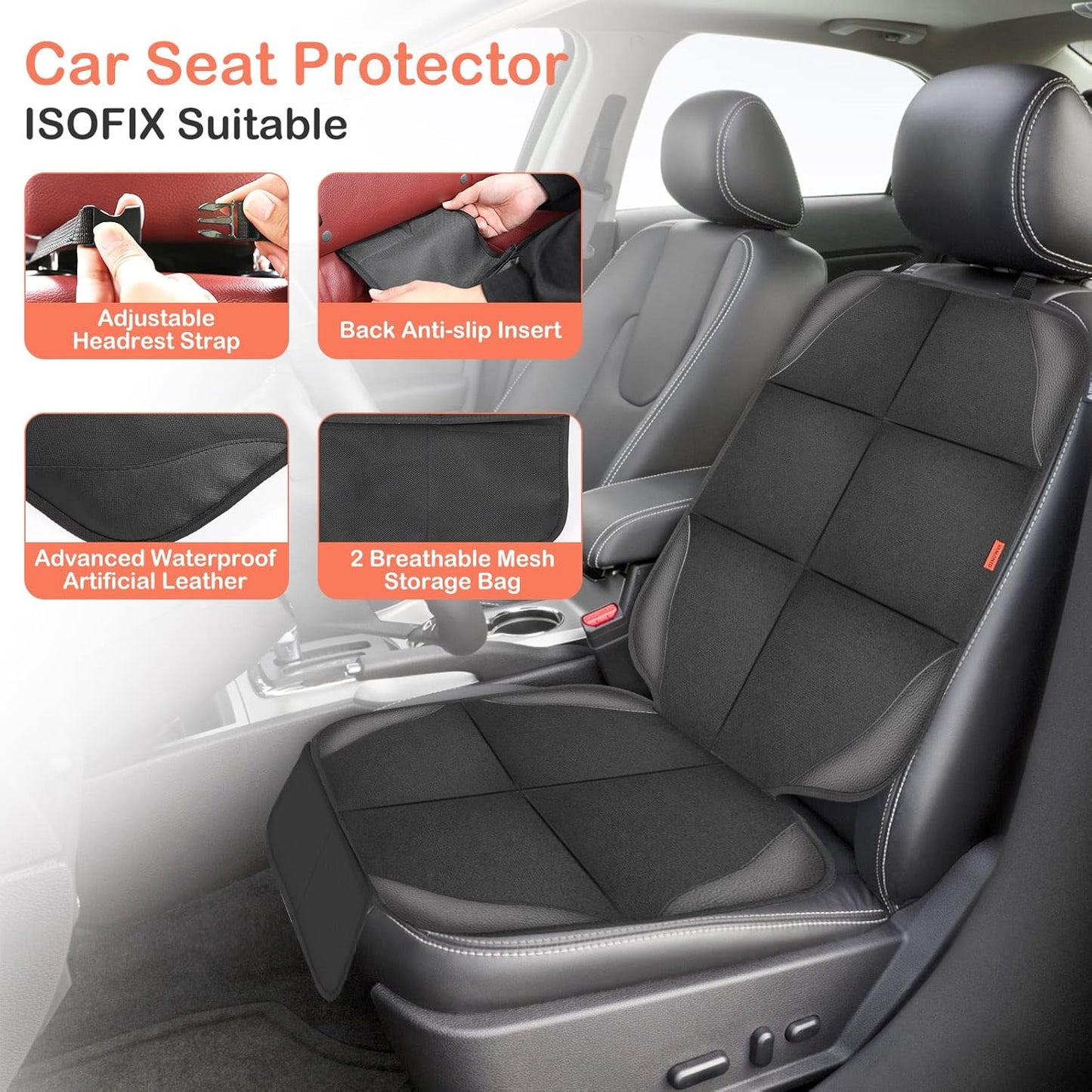 Car Seat Protector,2 Pack car seat Cushion for Child,Waterproof Fabric Car Seat Cover with Non-Slip Bottom and 2 Large Mesh Pockets for SUV, Sedan, Trunk(Black)