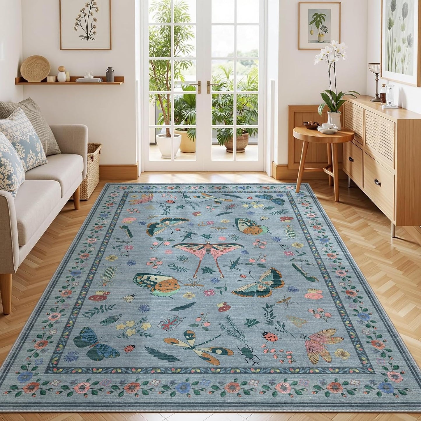 5x7 Washable Area Rug with Insect Print - Bug Rug Non-Shedding Stain Resistant Soft Carpet for Bedroom, Low Pile Ultra-Thin Machine Washable Carpet for Dining Room, Kids Nursery, Office (5'x7' Blue)