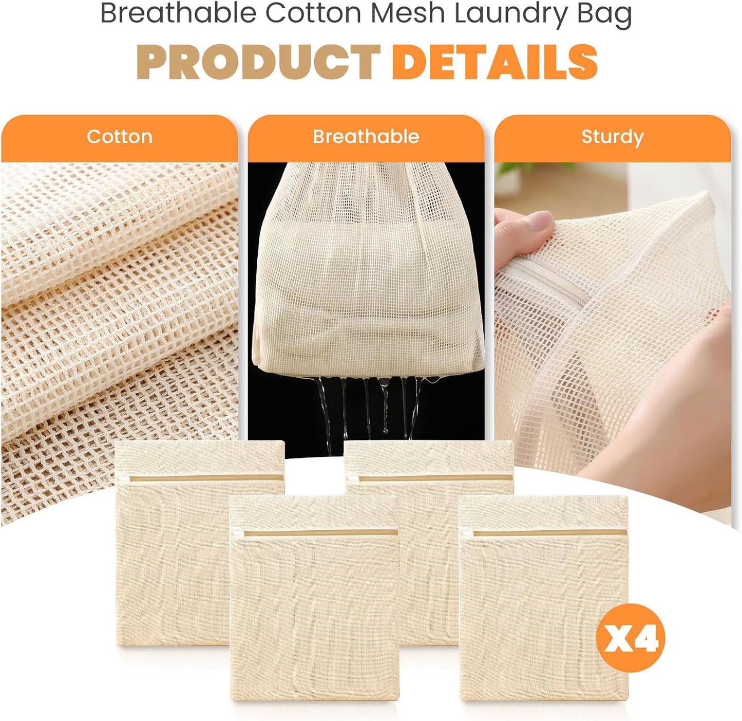 4Pcs Cotton Mesh Laundry Bags for Delicates,Breathable Mesh Garment Bag for Washing Machine, Travel Wash Bags with Zipper for Bras, Underwear, Socks, Clothes, Laundry Dorm Room Essentials(S-XL)