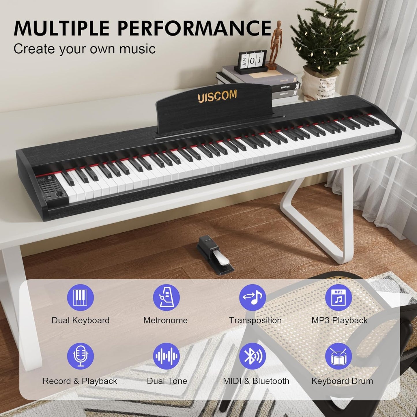 88 Key Digital Piano Keyboard for Beginners,Full Size Electric Piano Semi-Weighted Keyboard with Sheet Music Stand,Pedal,Headphone,Power Adapter,USB-MIDI Compatibility,Wood Grain Black