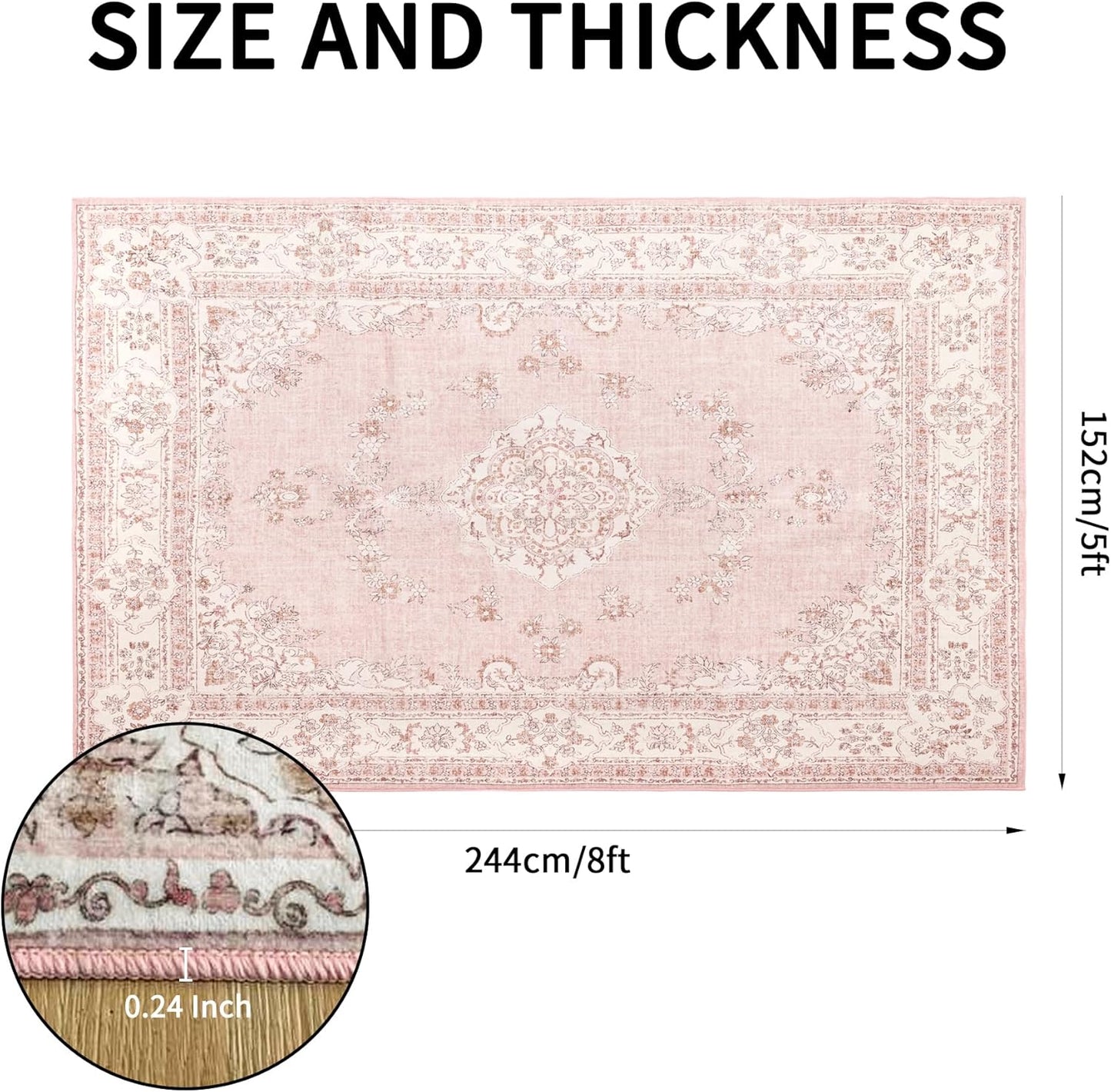5x8 Area Rug Washable: Oriental Soft Area Rug for Living Room Bedroom No Shedding - Low Pile Thin Carpet Rug for Dining Room Non Slip - Boho Vintage Rug for Home Decor - Soft Pink