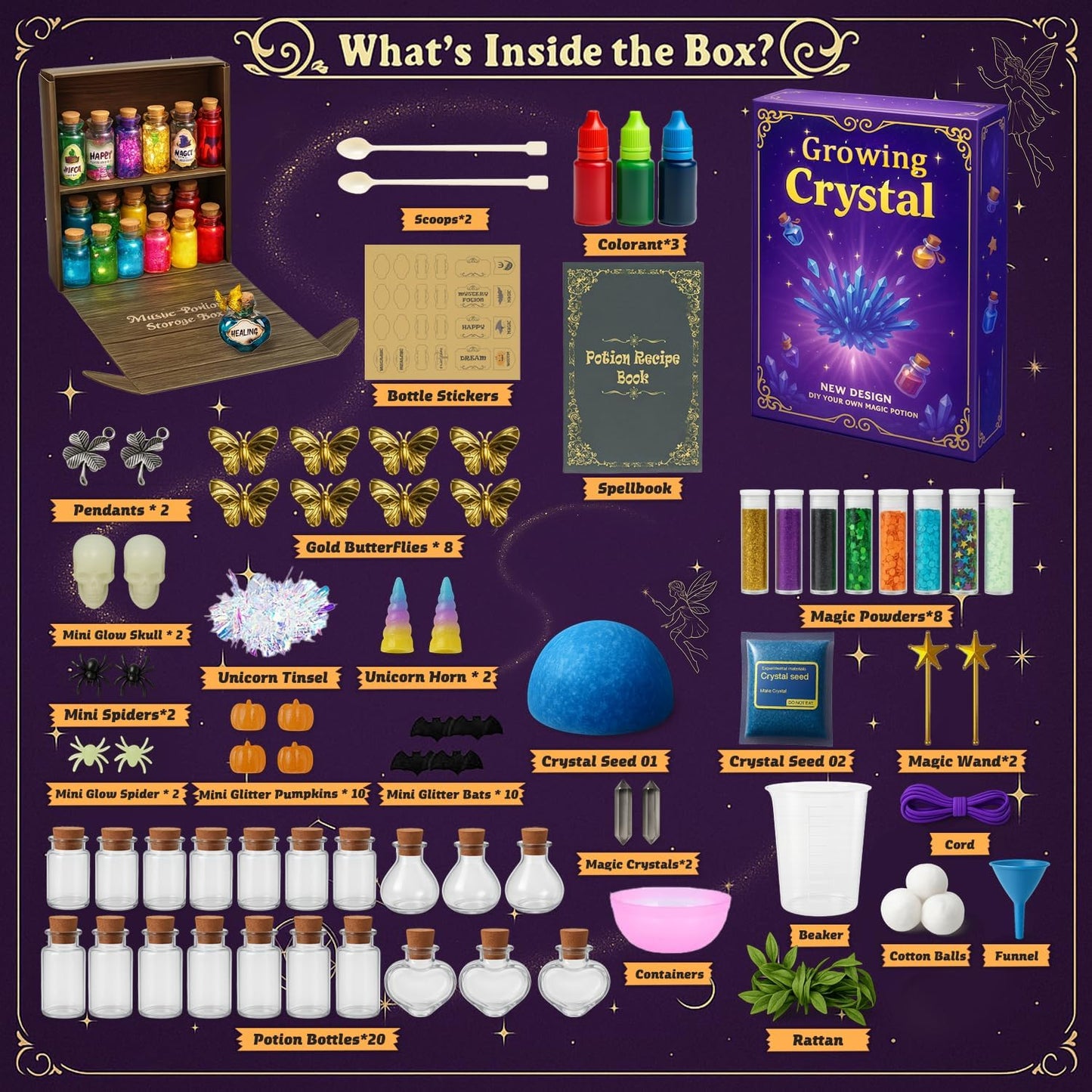 AMIZEY Fairy Potion Kit for Kids with Crystal Growing Toy - 20 Bottles - Gifts for Girls Ages 6-12