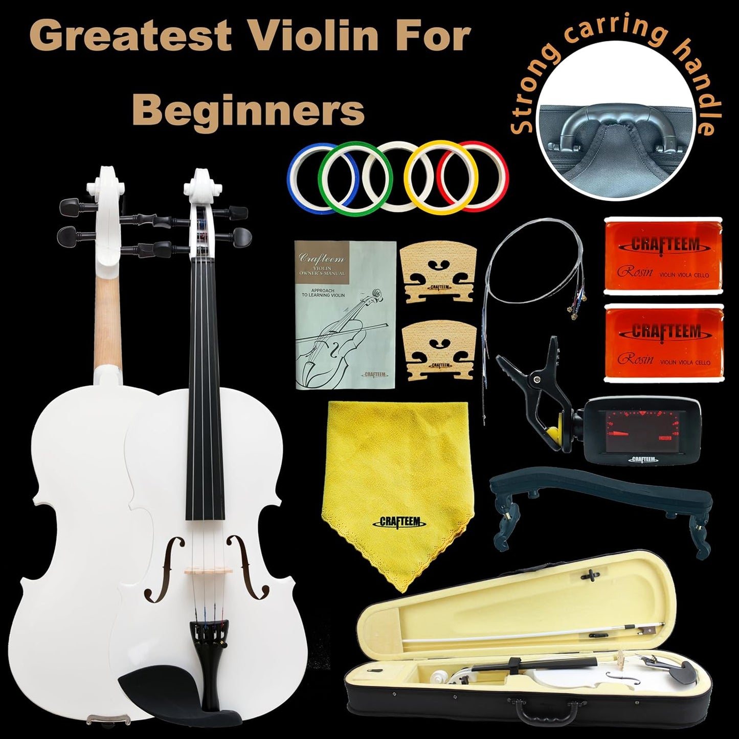 4/4 Full Size Fiddle White Colored Premium Violin Outfit for Beginners Adults Kids With 5 Color Fingering Tape- Handcrafted Student Beginner Violin. (White, 4/4 Full)