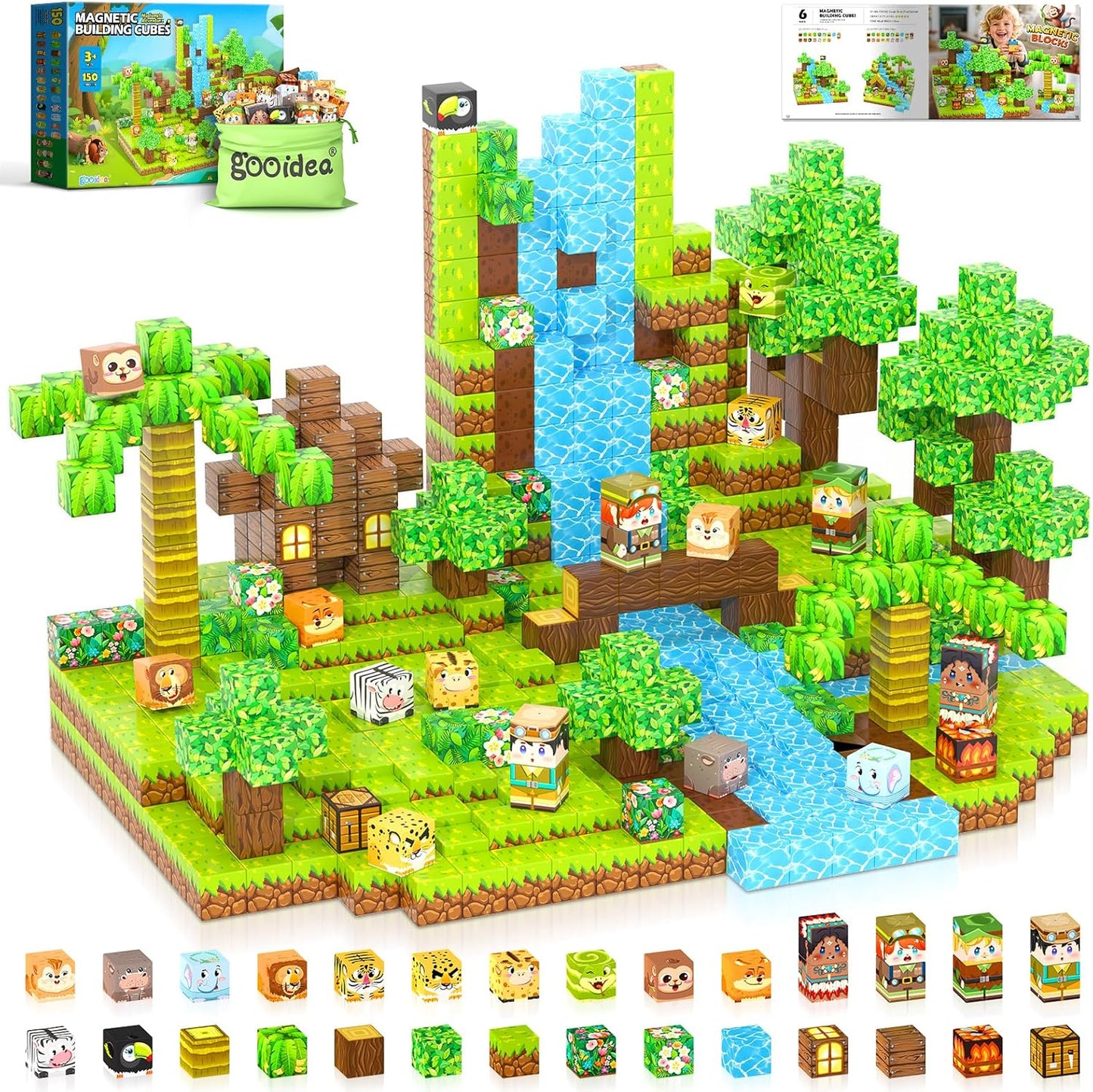 150 Magnetic Blocks – Mine Magnet Game Building Craft, STEM Constructions Toy, Jungle Animals, Sensory Stacking Cubes Kids Toys, Christmas Birthday Gifts for Boys Girls Age 3-5, 5-7, 4-8, 8-12