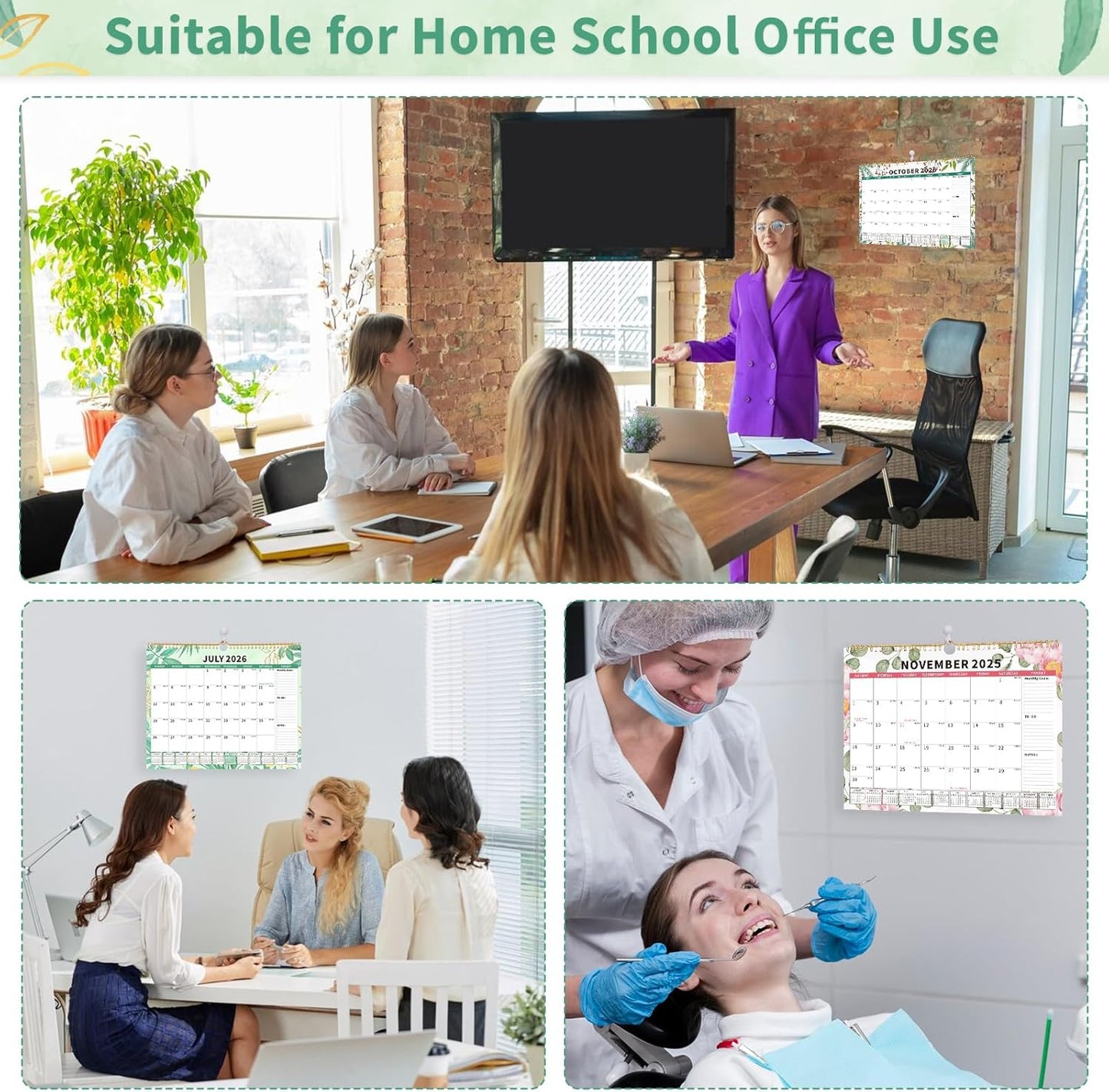 Wall Calendar 2025-2026, 18 Month Large Desk Calendar from July 2025 to December 2026 14.5" x 11.8" Monthly Calendar with Twin-Wire Binding for Home Office Planning Personal Organisers, Green Leaf