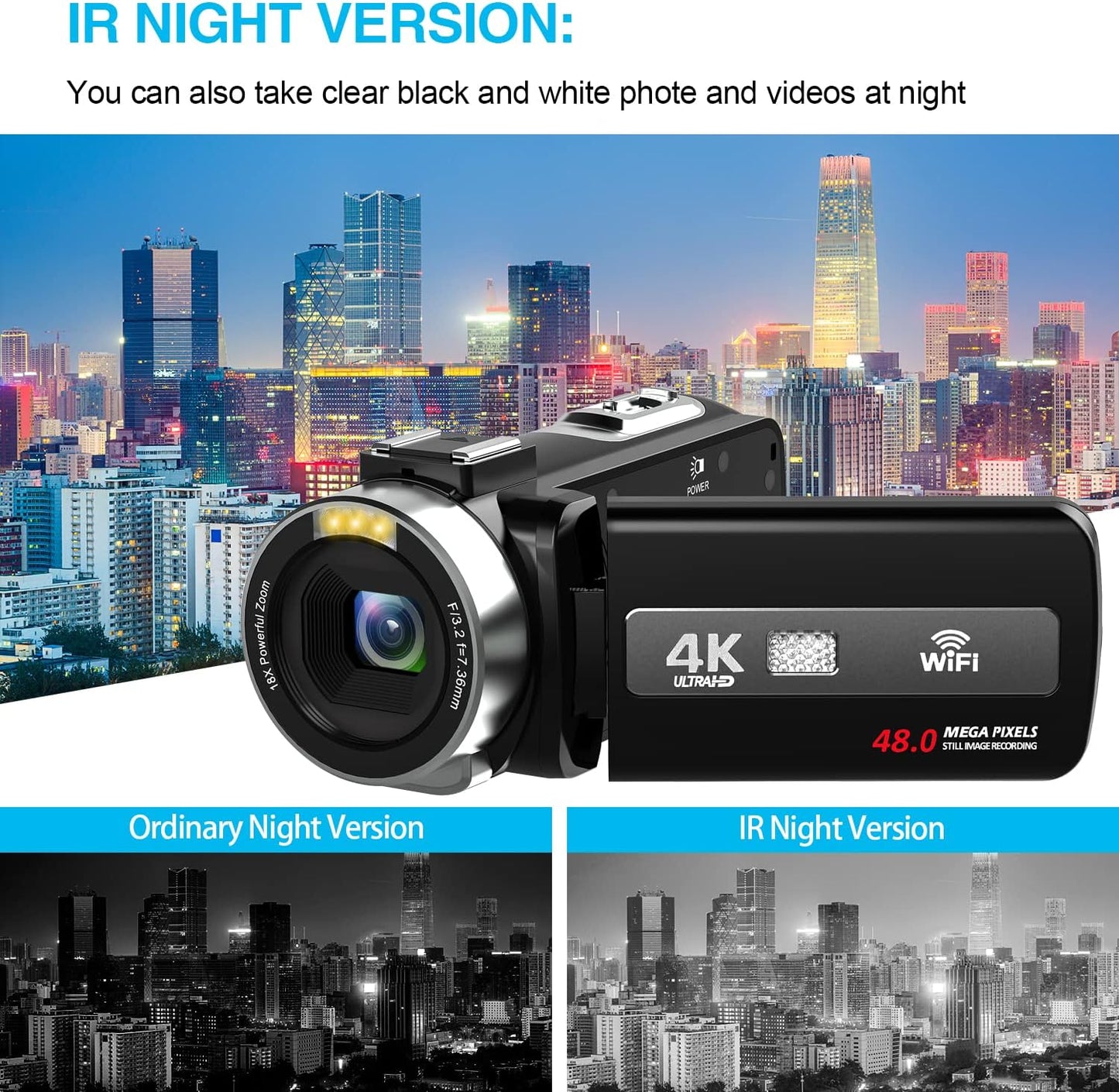 4K Video Camera with HD Micphone, Camcorder with IR Night Vision, WiFi Digital Camera, 18X Digital Zoom, Vlogging Camera for YouTube, Kids Video Camera, Built in Microphone, Remote, 2X Batteries