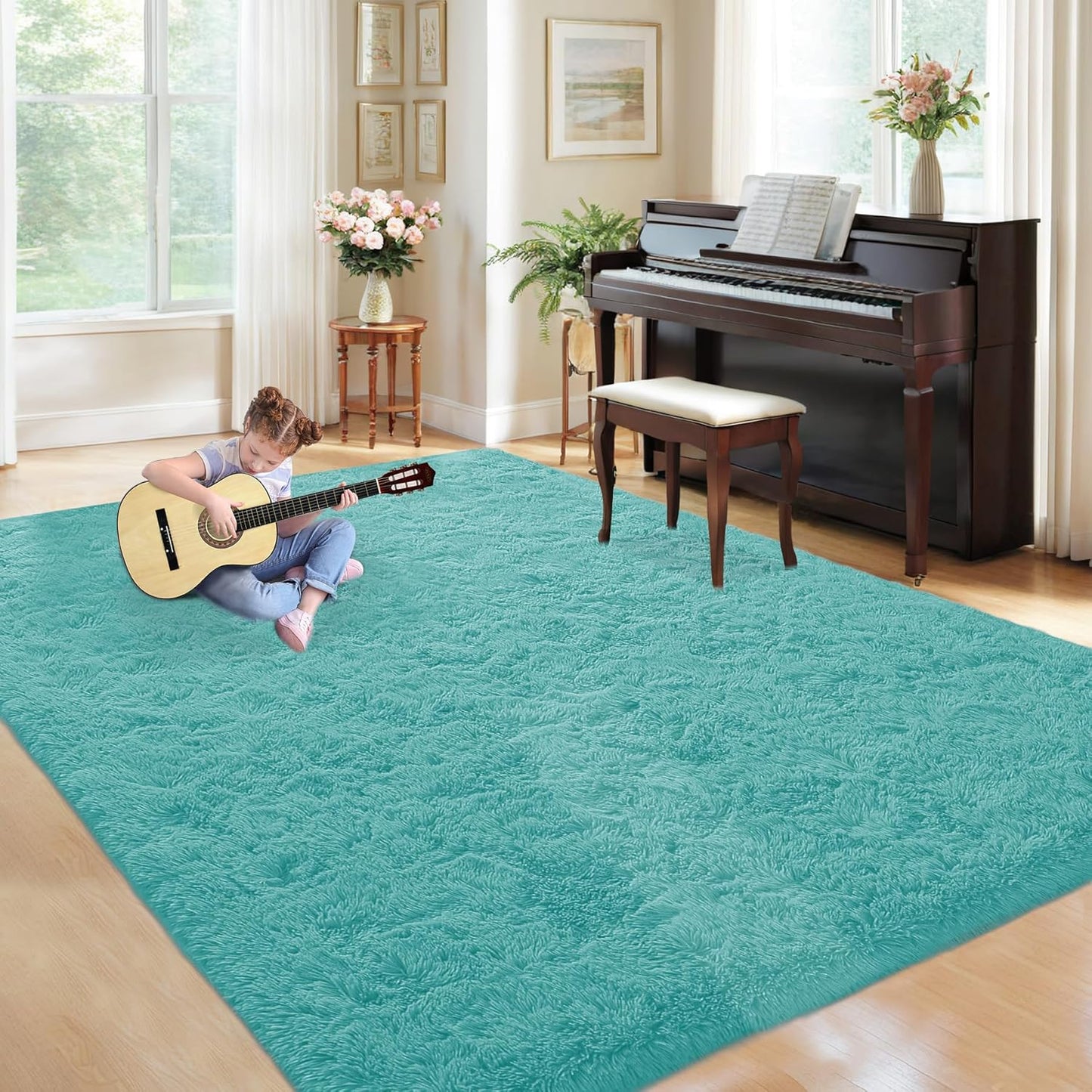 5x8 Area Rug for Living Room: Fluffy Shag Soft Washable Rugs Fuzzy Plush Indoor Carpet for Bedroom Nursery Playroom Dorm Kids Girls Boys Room (Teal Blue, 5'x8')
