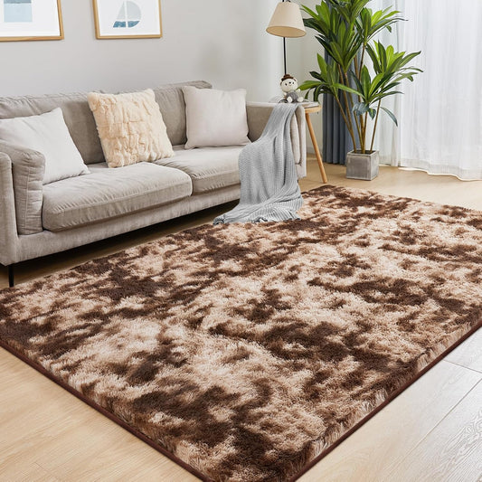 6x9 Area Rugs for Living Room, Fluffy Shaggy Bedroom Rug Indoor Carpet, Anti-Skid Soft High Pile Rug for Nursery, Kids Room, Bedside, Home Decoration, Tie-Dyed Brown