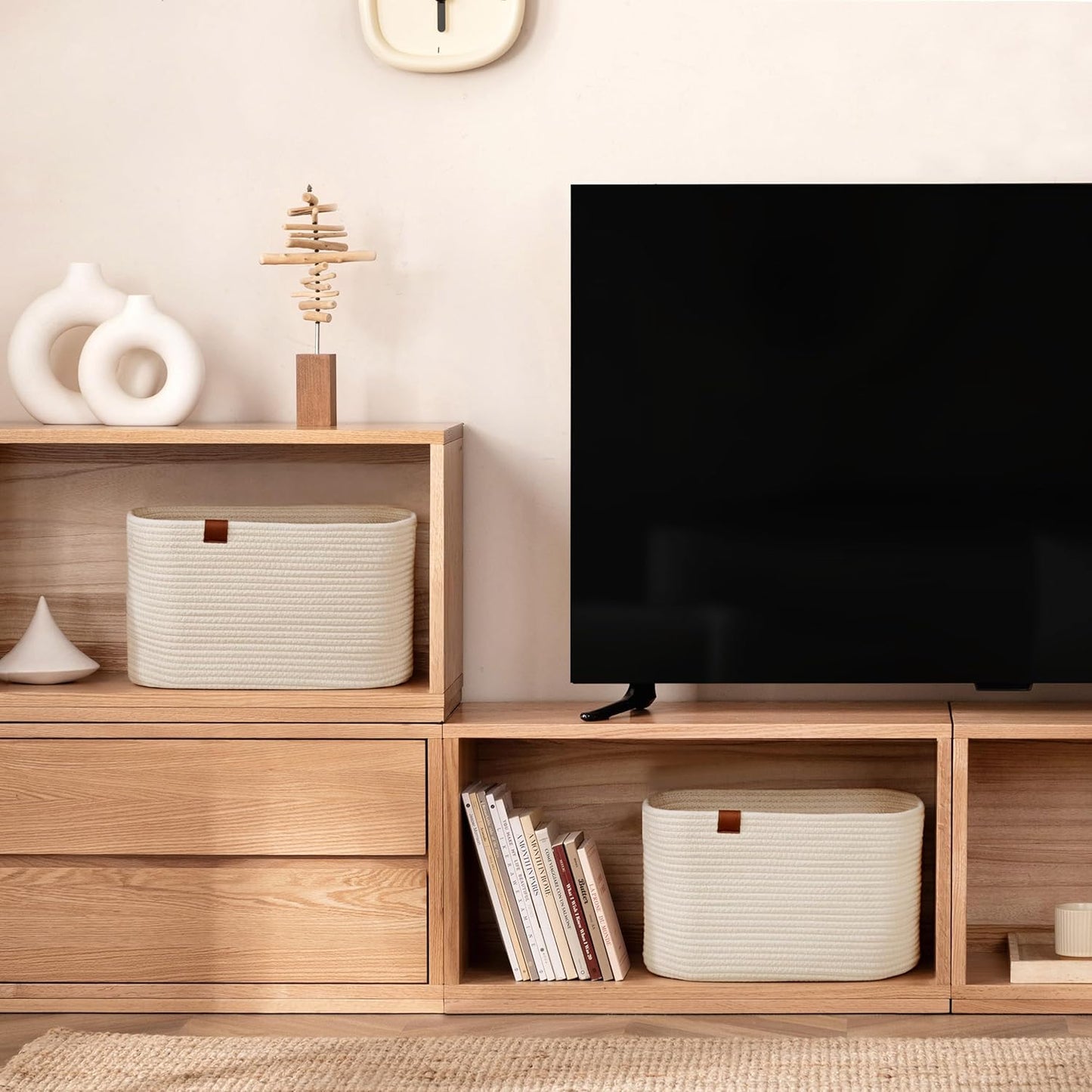 UBBCARE 4 Pack Baskets for Organizing, Woven Storage Baskets with Label for Toys and Towel, Rectangle Cotton Rope Basket with Handles, 15''L x10''W x9''H, Off-White