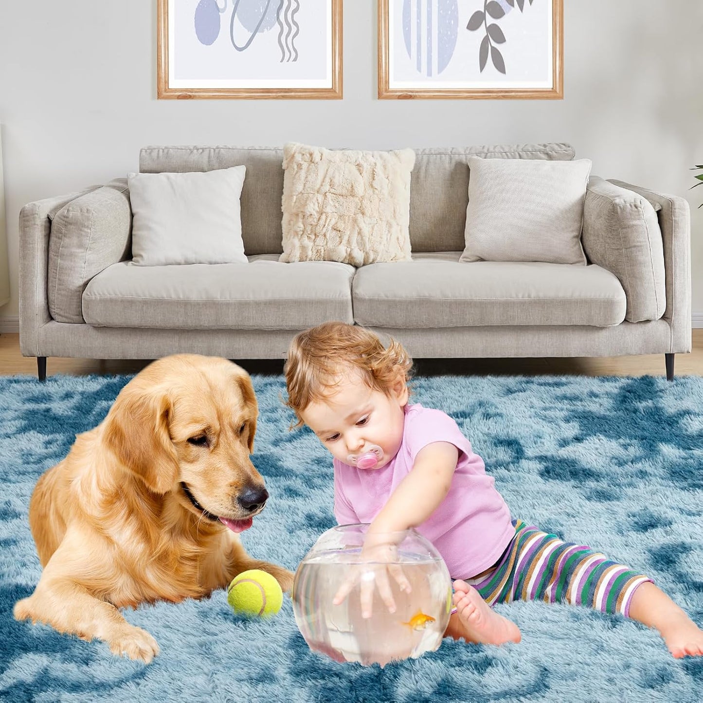 Area Rugs 9x12, Fluffy Rugs for Living Room, Ultra Soft Rugs for Bedroom, Non-Slip Indoor Carpet for Nursery, Kids Room, Playroom, Home Decor, Tie-Dyed Blue