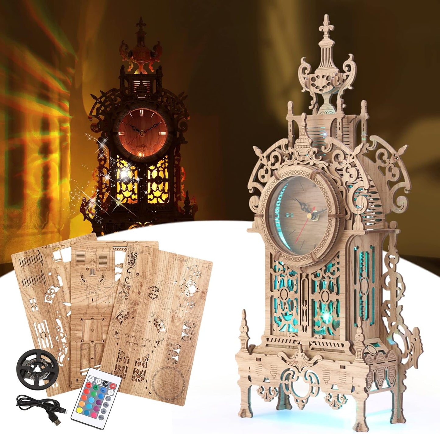 3D Wood Puzzle LED Tower Clock, 3D Puzzle Building Desktop Clock Model DIY Architectural Building Blocks (LED-TC01 Wood)
