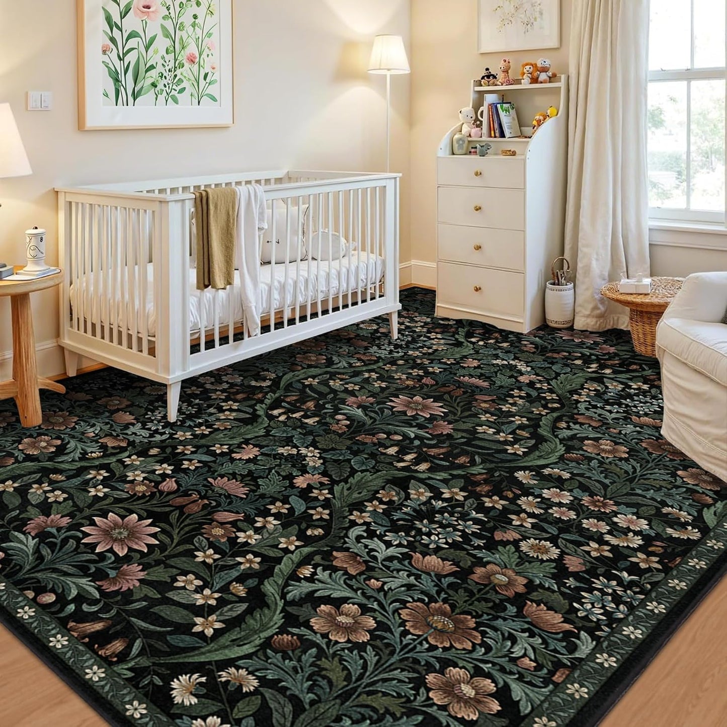 5×7 Black Washable Floral Area Rug,Vintage Boho Soft Low-Pile Living Room Rugs, Stain Resistant Botanical Non-Slip Carpet for Bedroom,Dining Room, Kids Nursery,Home Decor