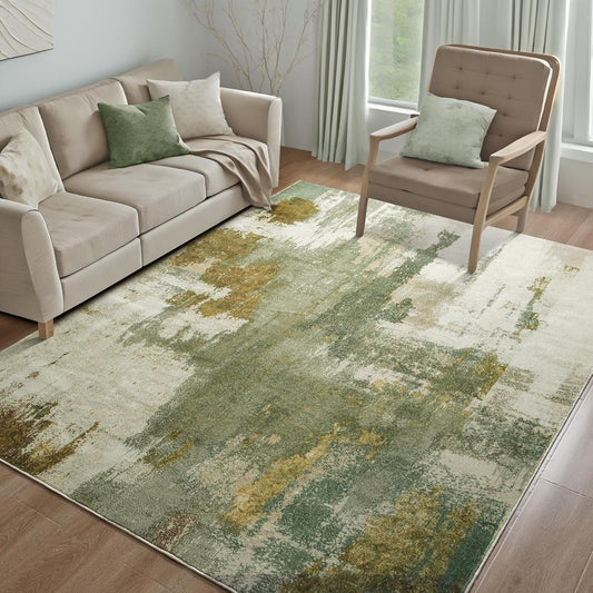 Kelarea Living Room Rug, 4x6 Rug Modern Abstract Washable Rugs Green Faux Wool Vintage Carpets, Non Slip Rugs for Bedroom, Dining Room, College Dorm, Kids Playroom, Home Office