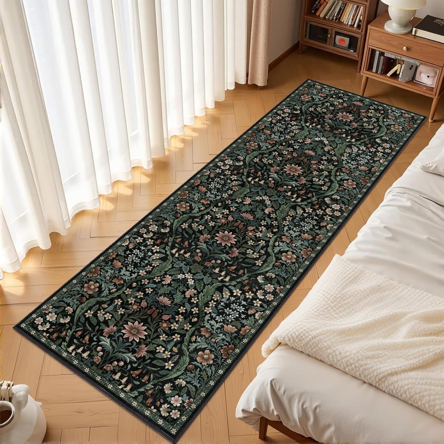 2x6 Washable Runner Rug,Black Floral Boho Area Rug for Hallway,Low-Pile Non-Slip Stain Resistant Carpet for Kitchen, Bedside,Laundry Room,Entryway