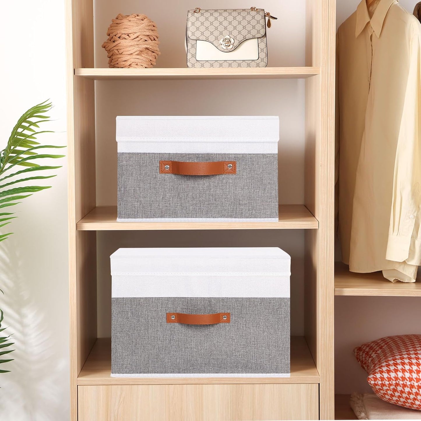 Fabric Storage Boxes with Lids, Linen Foldable Cloth Baskets, Closet Organizer Containers with Double Handles, Sweater Bins for Bedroom, White and Grey, 5 Pack, 13 x 9.1 x 7.9 Inch