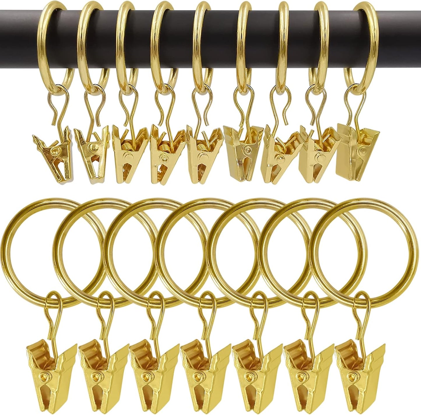 100 Pack Gold Curtain Rings with Clips, Curtain Hooks Hangers Clip Rings for Hanging Drapes Bows Hat, Drapery Rings 1 in I D, Fits up to 5/8 in Diameter Curtain Rod.