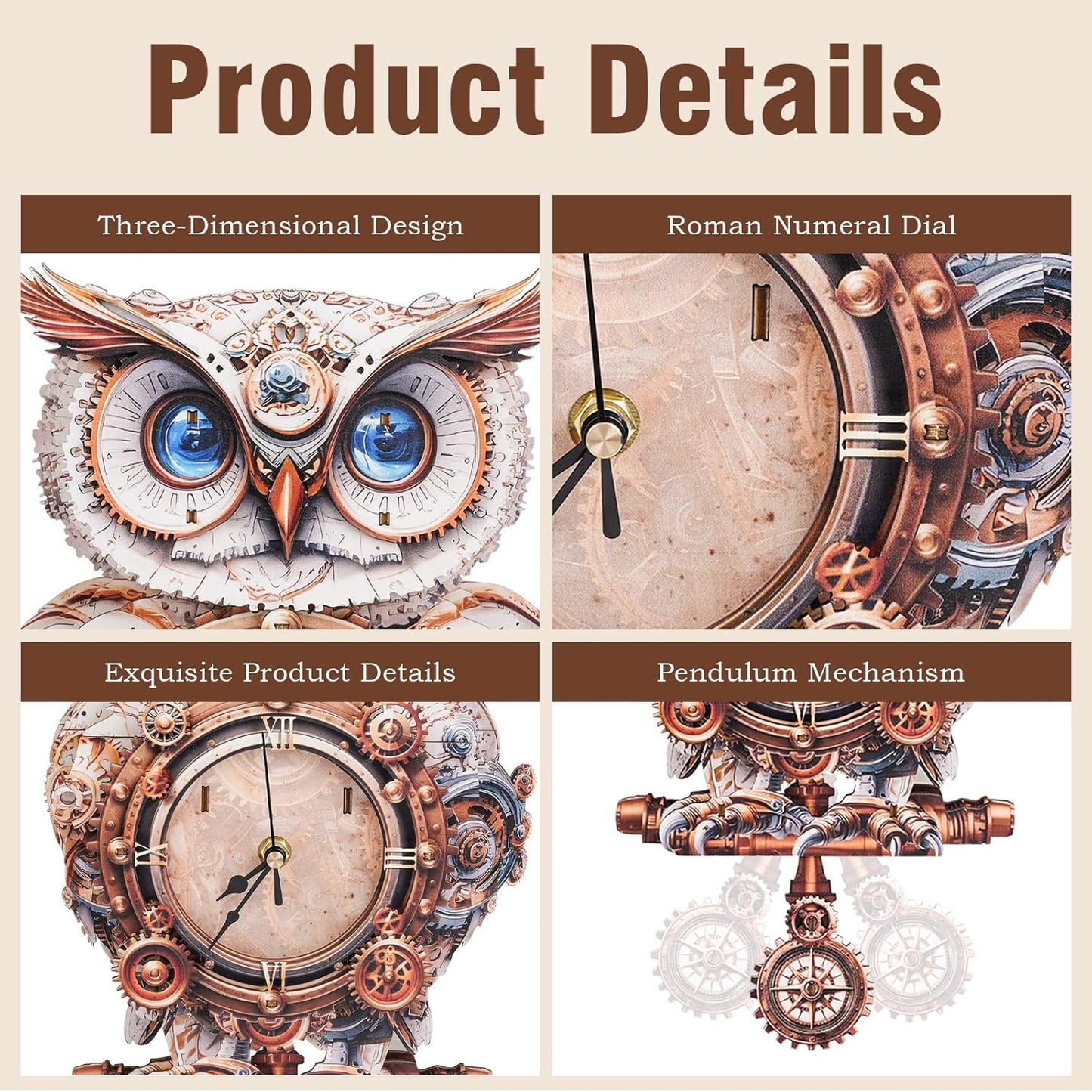 3D Puzzles for Adults Clock-Mechanical Owl Design Model Kit-Mechanical DIY Pendulum Clock with Roman Numerals-Desk Home Office Decor Personalized Gift for DIY Lovers