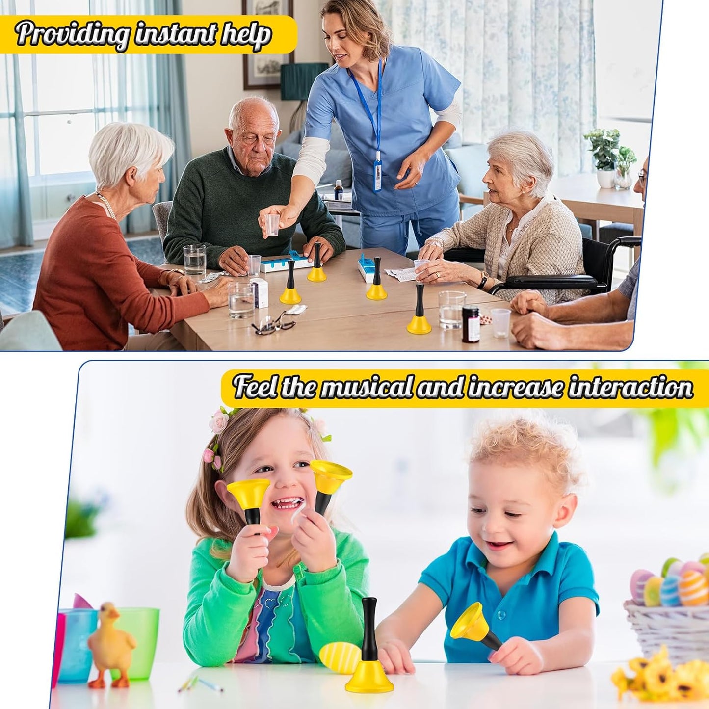 Yeshone 50 Pcs Hand Steel Call Bells Bulk Wedding Dinner Service Bells with Wood Handles for the Sick Elderly Alert Classroom Alarm, 1.97 x 3.66 Inches(Yellow)