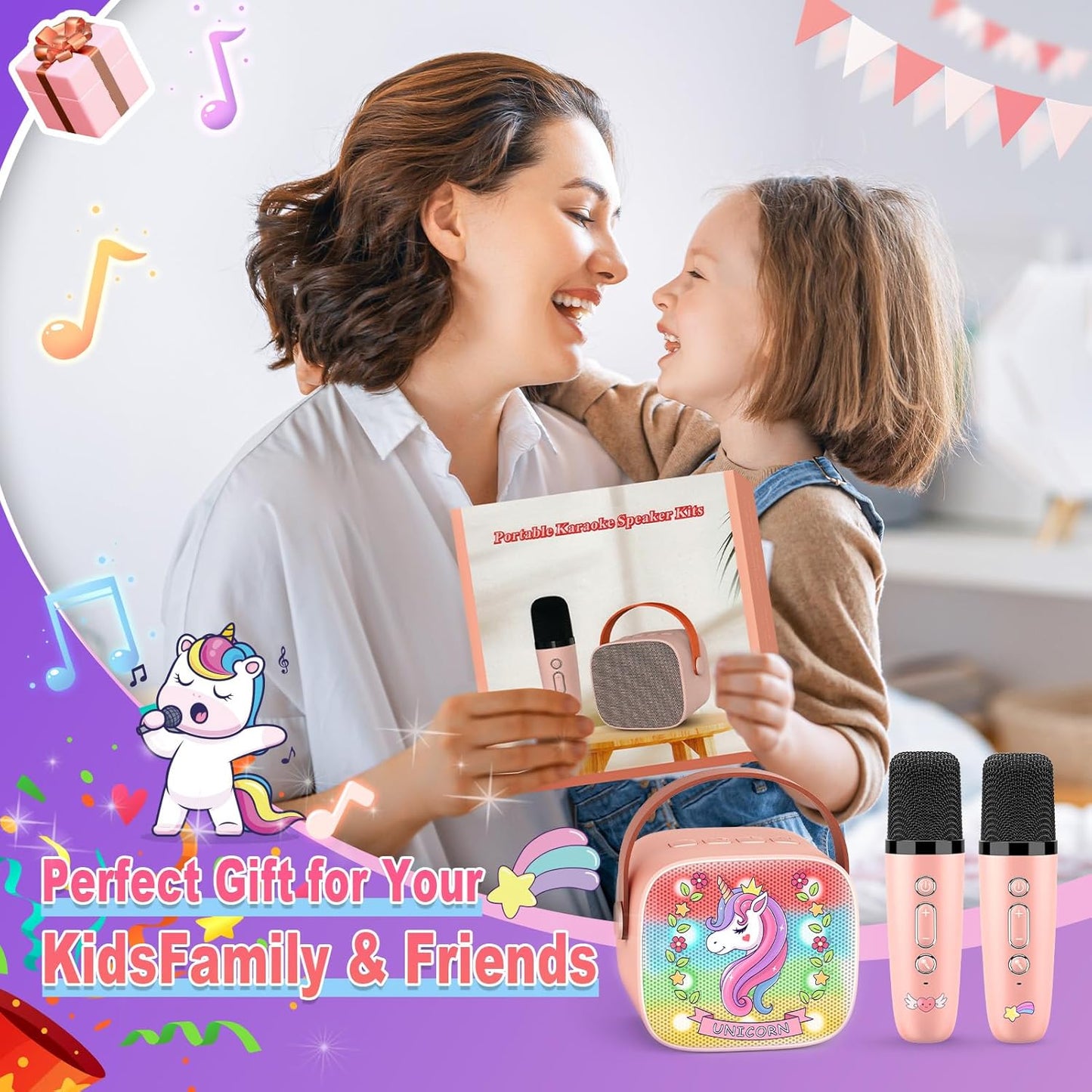 Unicorn Mini Karaoke Machine Toys: Kids Toys Girls Birthday Gifts Age 3-12+ LED Portable Bluetooth Speaker with 2 Wireless Microphone Gift Toy for 4 5 6 7 8 9 Years Old Girl Boy Kid Adult