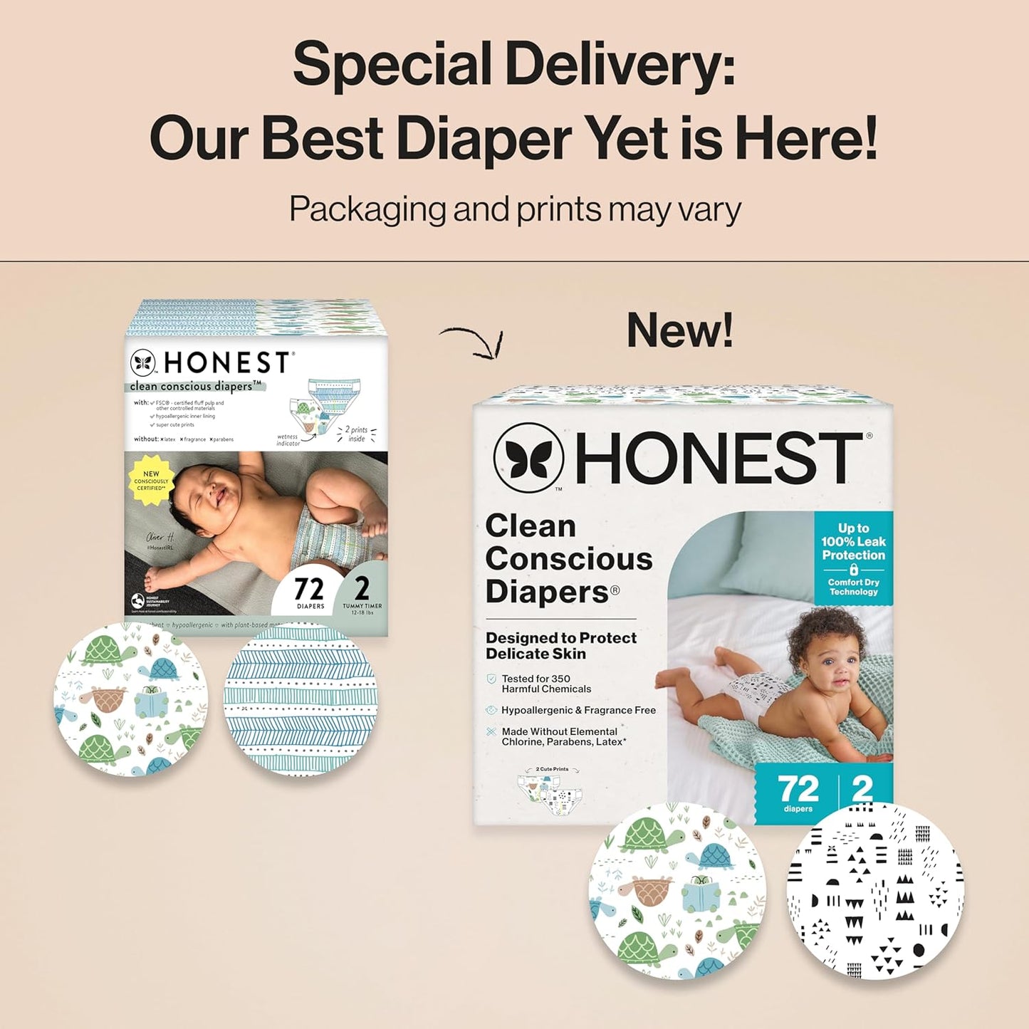 The Honest Company Clean Conscious Diapers for Delicate Skin | Up to 100% Leakproof | Hypoallergenic, Fragrance Free | Gender Neutral | Club Box, Size 2 (12-18 lbs), 72 Count (Prints May Vary)