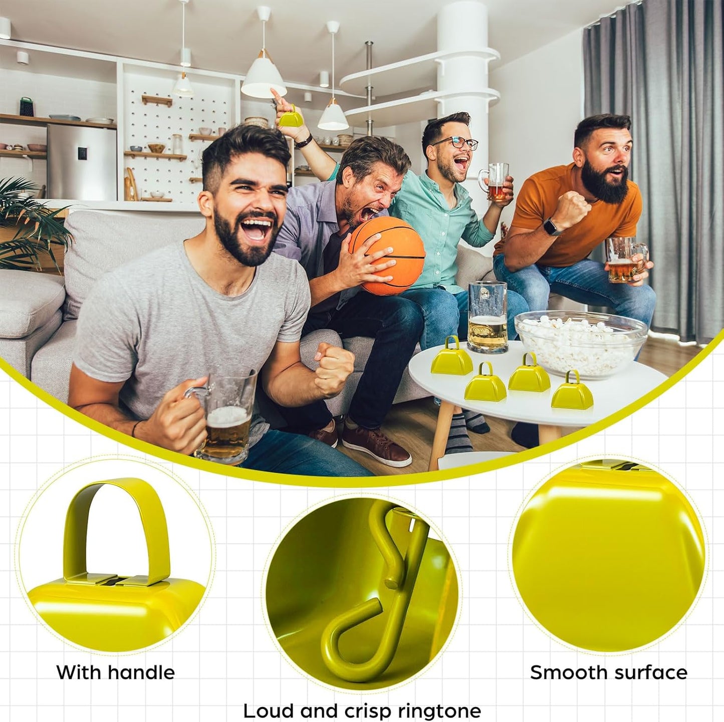 6 Pcs 3 Inch Metal Cowbells Noise Maker Hand Percussion Cow Bells with Handles for Sporting Events Cheering Noisemakers Weddings Team Spirit Sports Party Favors (Yellow)