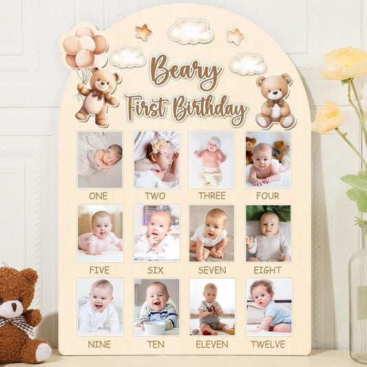 Beary First Birthday Photo Board Cute Bear Birthday Party Wooden Board Decorations 12 Monthly Milestone Picture Frame One Year Old Wood Sign 1st Birth Day Photo Banner for Baby Keepsake Gift Supplies