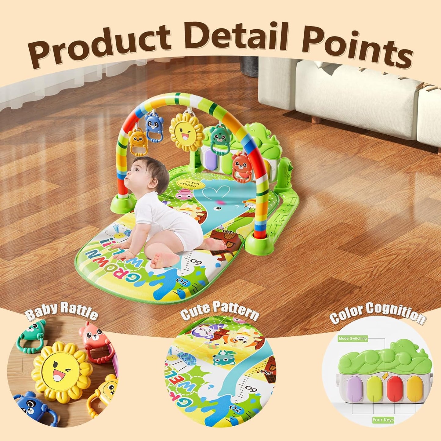 Alive Lovely Baby Gyms Play Mats, Musical Activity Center Baby Piano Gym Mat, Music and Lights Tummy Time Padded Mat for Newborn Newborn 0 to 3 6 9 12 Months