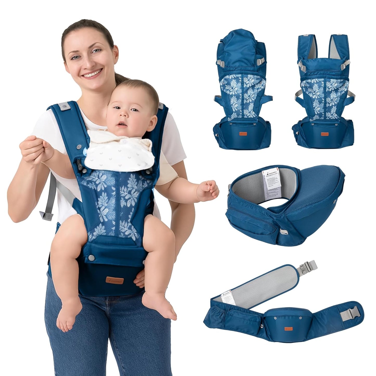 BabbleRoo Grow Carrier – Safety-Certified 6-in-1 Baby Carrier with Hip Seat, Ergonomic & Adjustable Toddler Carrier 7-50 lbs with Hip Support, Hood for Sun Protection, Newborn to Toddler, Denim Leaves