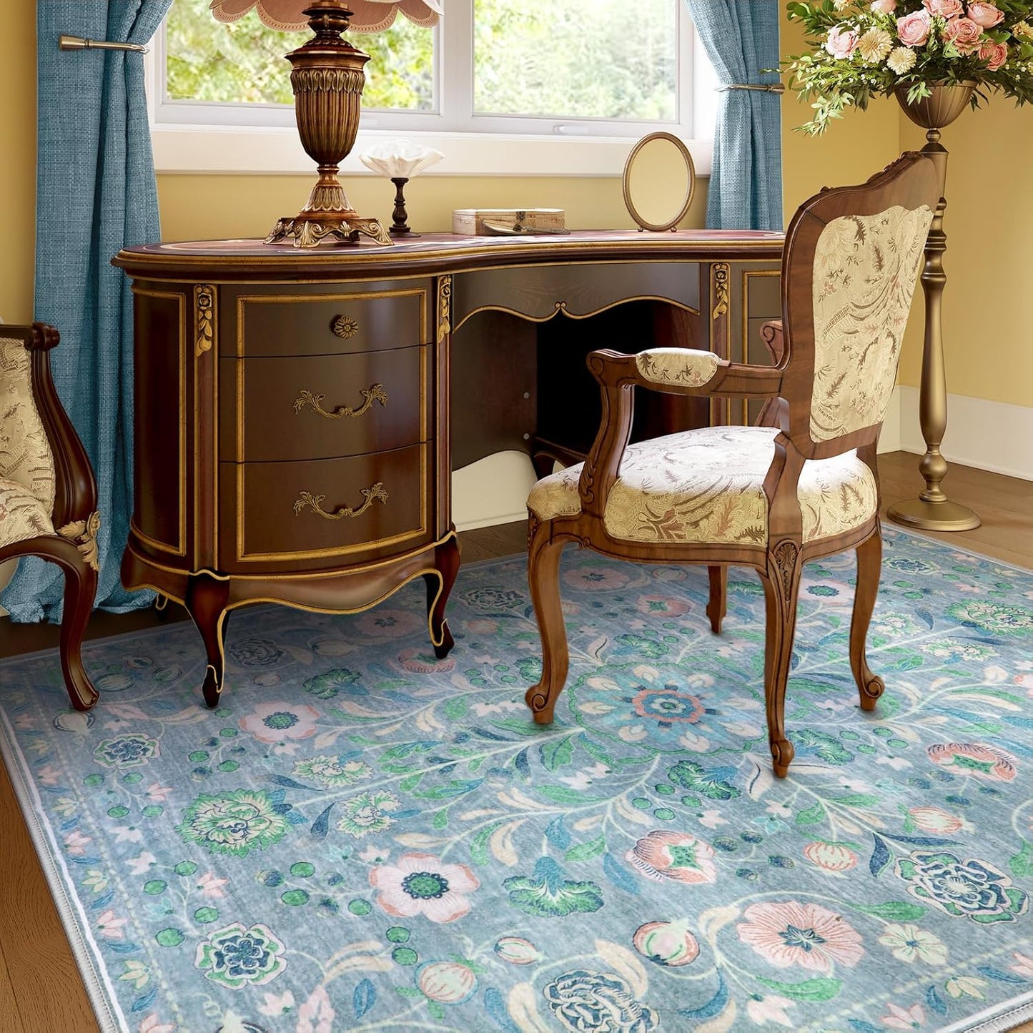 Anidaroel Blue Floral Rugs for Living Room 8x10, Washable Boho Area Rugs for Bedroom Vintage Soft Nursery Rug, Non-Slip Stain Resistant Dining Room Mat Carpet for Kids Playroom Office