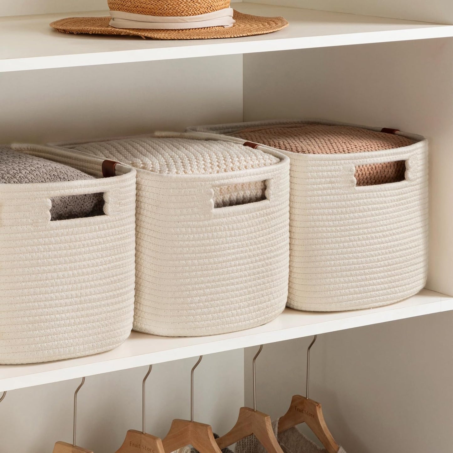 UBBCARE 2 Pack Baskets for Organizing, Woven Storage Baskets with Label for Toys and Towel, Rectangle Cotton Rope Basket with Handles, 15''L x10''W x9''H, Off-White