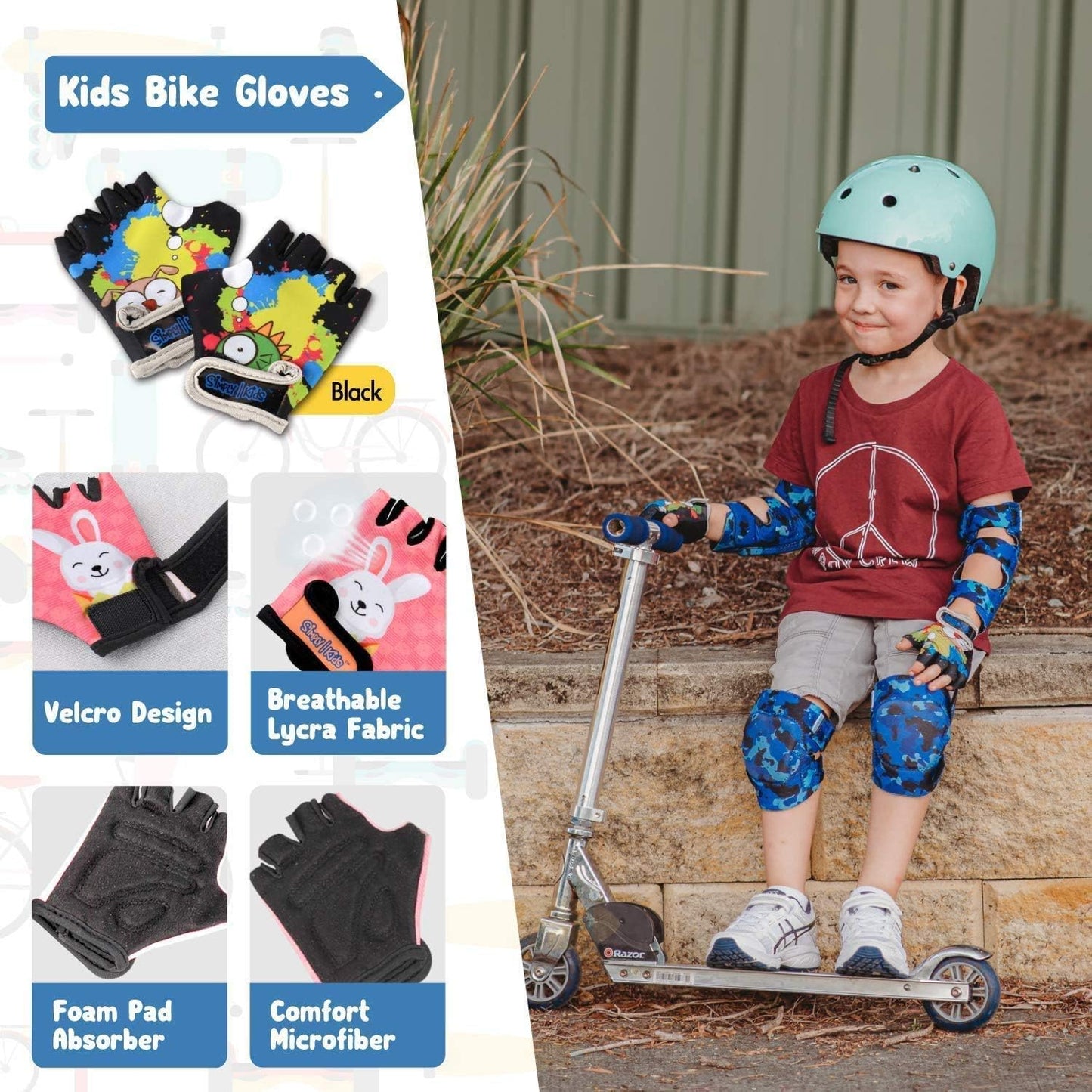 Soft-Style Kids Knee and Elbow Pads with Bike Gloves, Flexible Impact-Resistant Gear for Ages 2-11, Designed for Balance Bikes, Roller-Skating, and Skateboarding