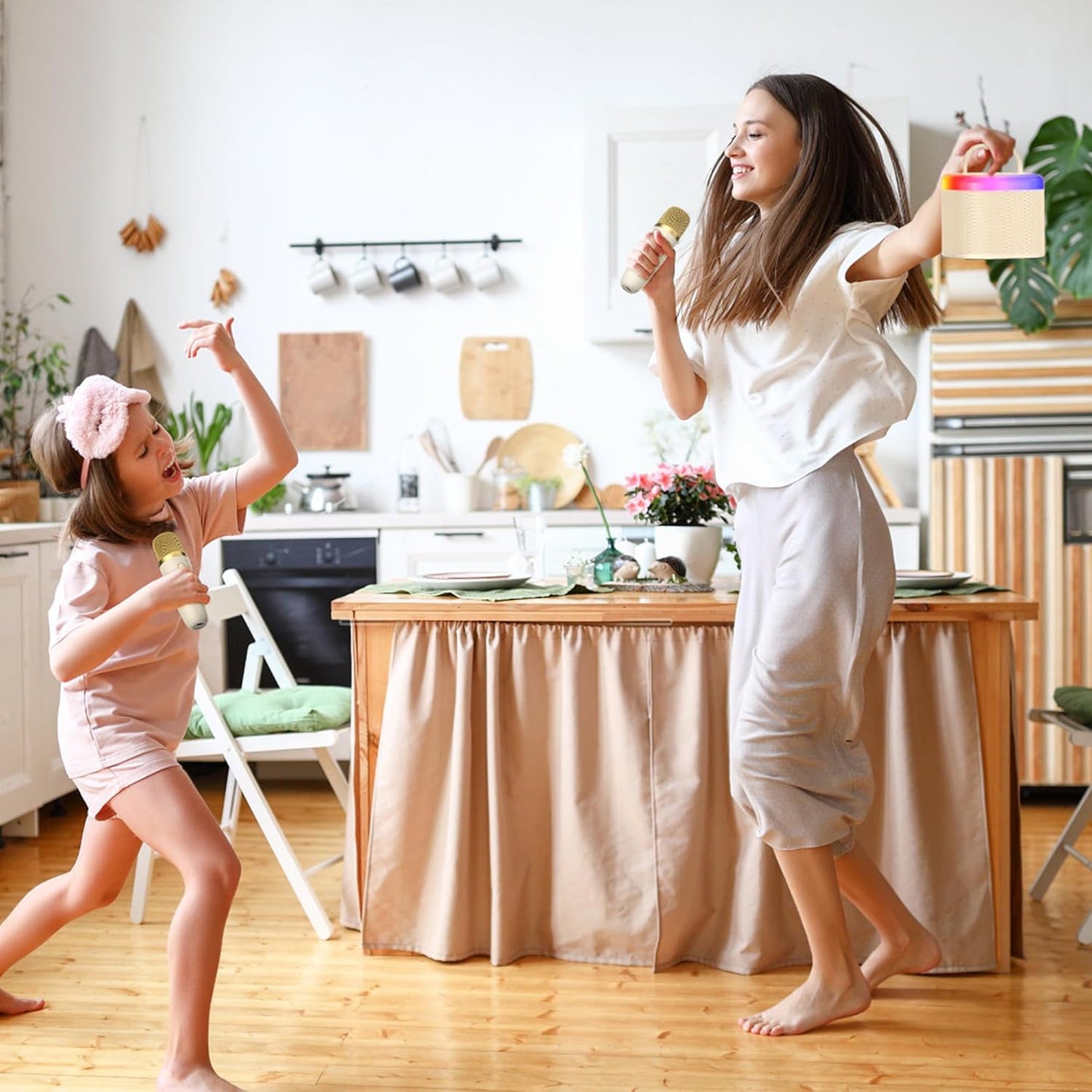 JYX Mini Karaoke Machine for Kids - Beige Bluetooth Speaker with Party Lights and 1 Wireless Microphone, Great for Kids and Adults, Ideal for Family Home Parties and Birthday