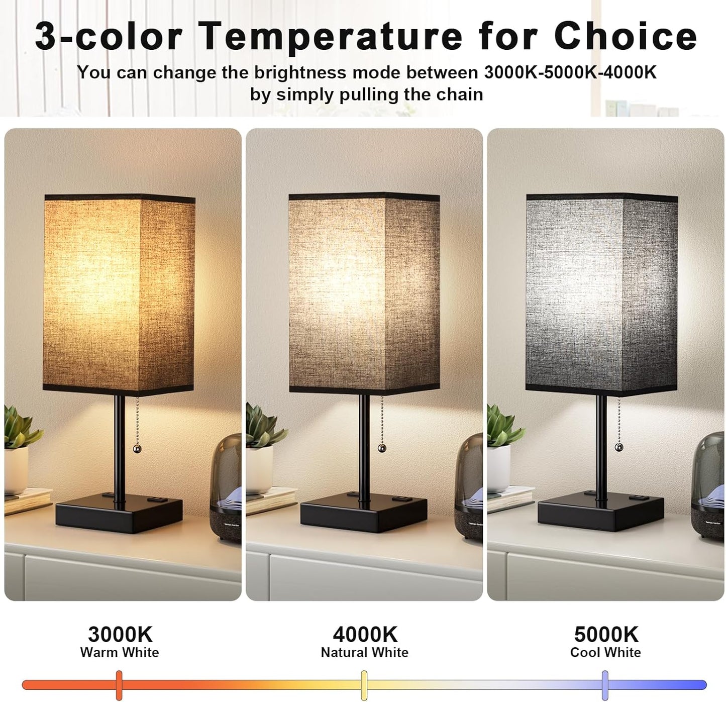 Plus Black Bedside Table Lamps Set of 2 - Bedroom Lamps with 3 Colors (3000K/5000K/4000K), Square Nightstand Lamp with USB C + A Charging Ports and 2 AC Outlets, Pull Chain Night Light for End Table