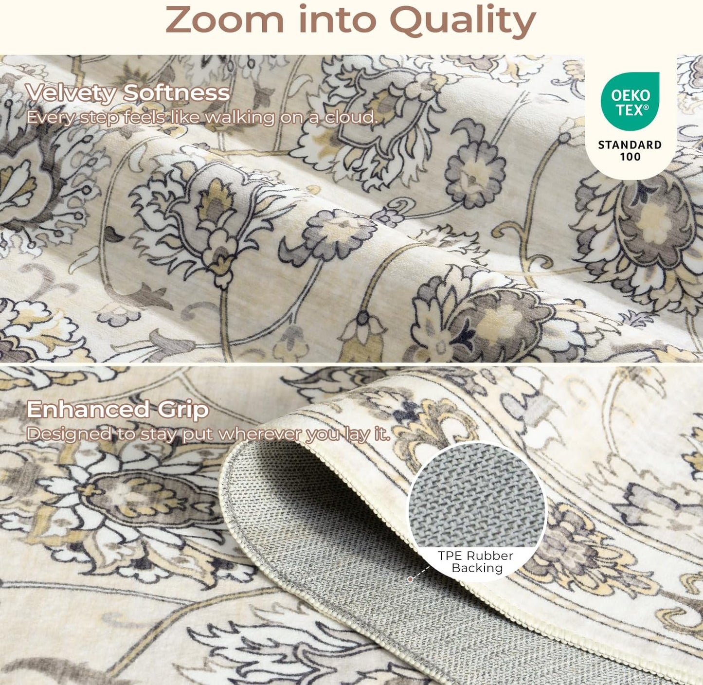 6x9 Area Rug for Living Room & Bedroom, Washable Non-Slip Vintage Rugs, Neutral Floral Soft Carpet, Low Pile Wool Carpets for Indoor Dining Home Office Playroom Under Table, Beige