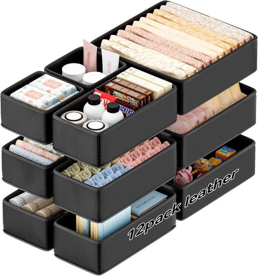 Vegan Leather Drawer Organizers,12 Pack Makeup Storage boxes,Vanity Drawer Luxury upgrade,Bedroom fabric Drawers replacement,bathroom organization and storage Optimal solution