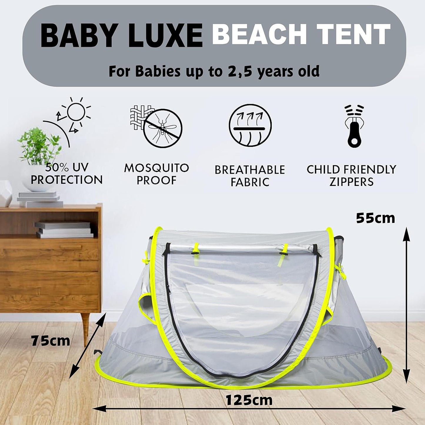 Poray Portable Baby Beach Tent with UPF 50+ Sun Shelter,Mosquito Net and Sunshade, Ideal Pop Up Kids Travel Tent with Carry Bag & 2 Stakes,Outdoor Indoor Play and Sun Protection
